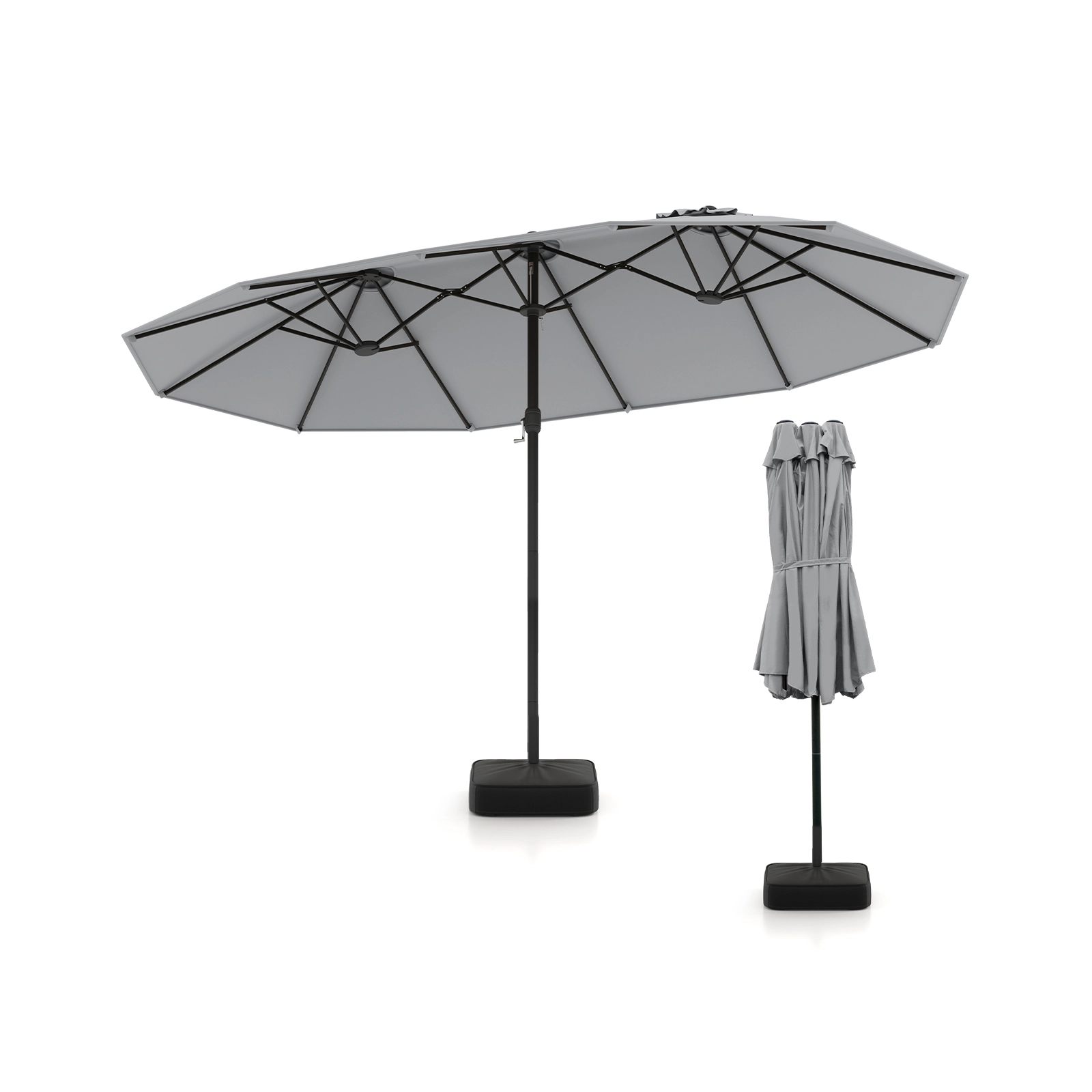 SUGIFT 15-ft Gray Rectangular Double-Sided Market Patio Umbrella, 12 Ribs, Steel Pole