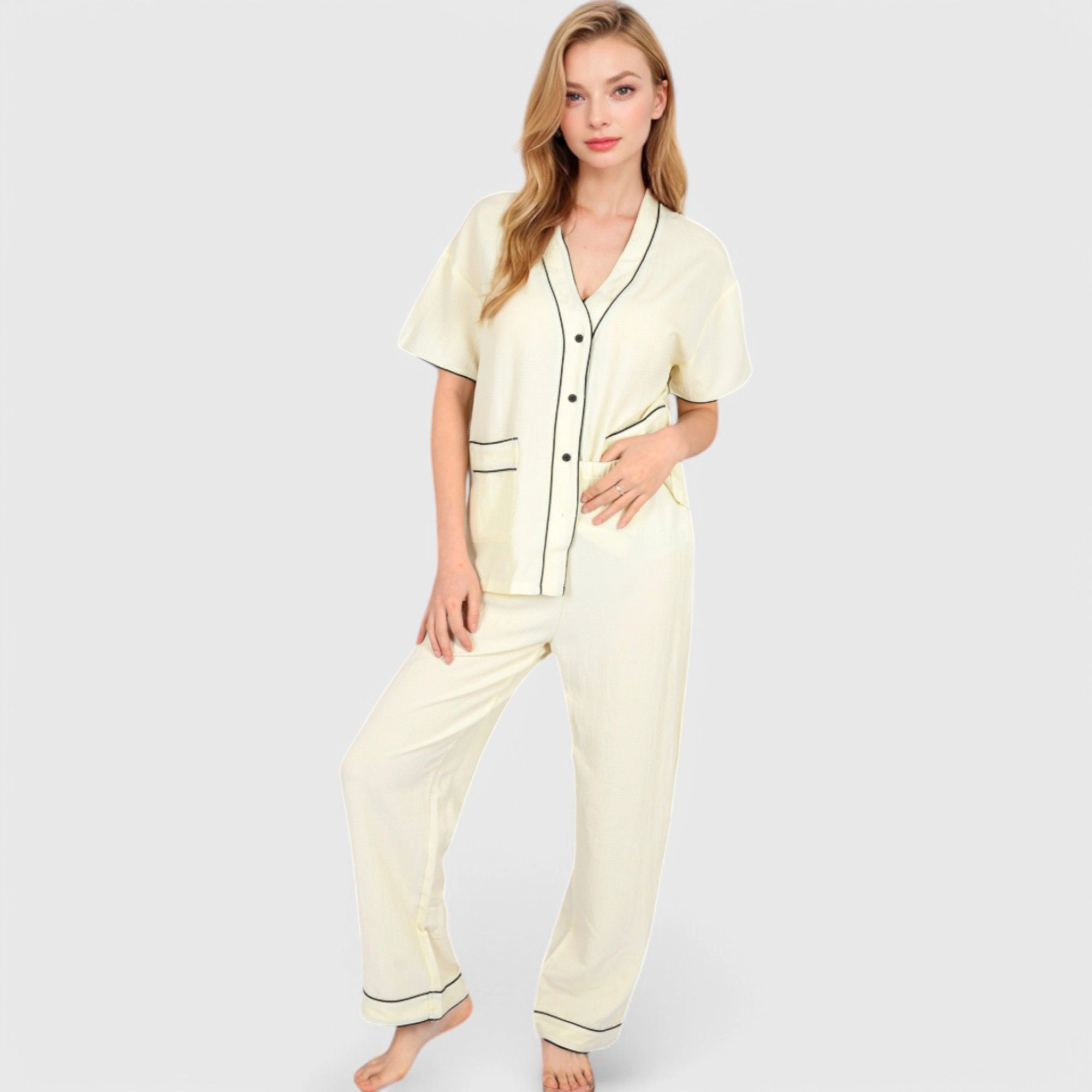 Anna-Kaci Women's Short Sleeve Button Up Pajama Set with Contrast Piping Front Pockets