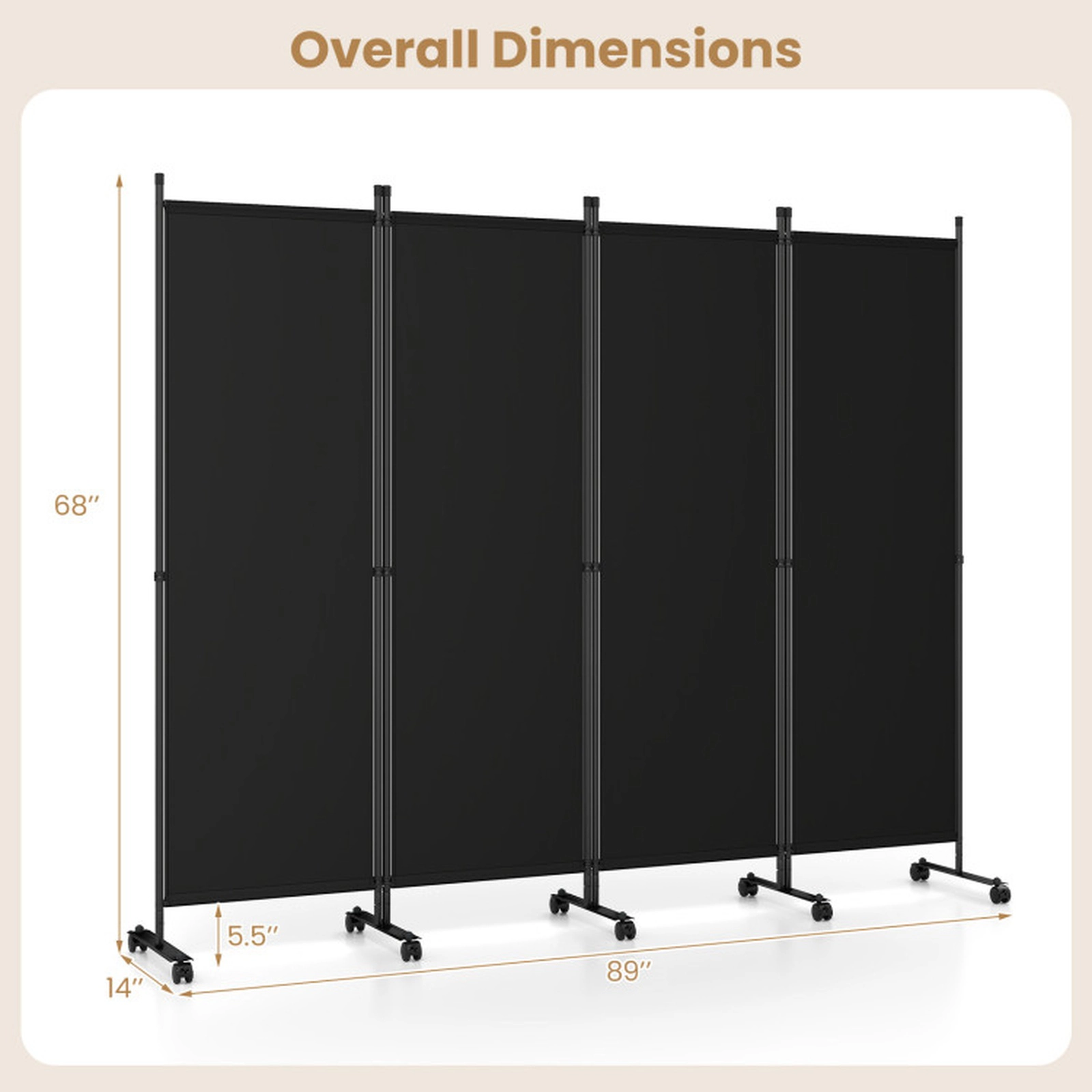 SUGIFT Black 4-Panel 87-in Wide Folding Room Divider Privacy Screen with 10 Lockable Universal Wheels