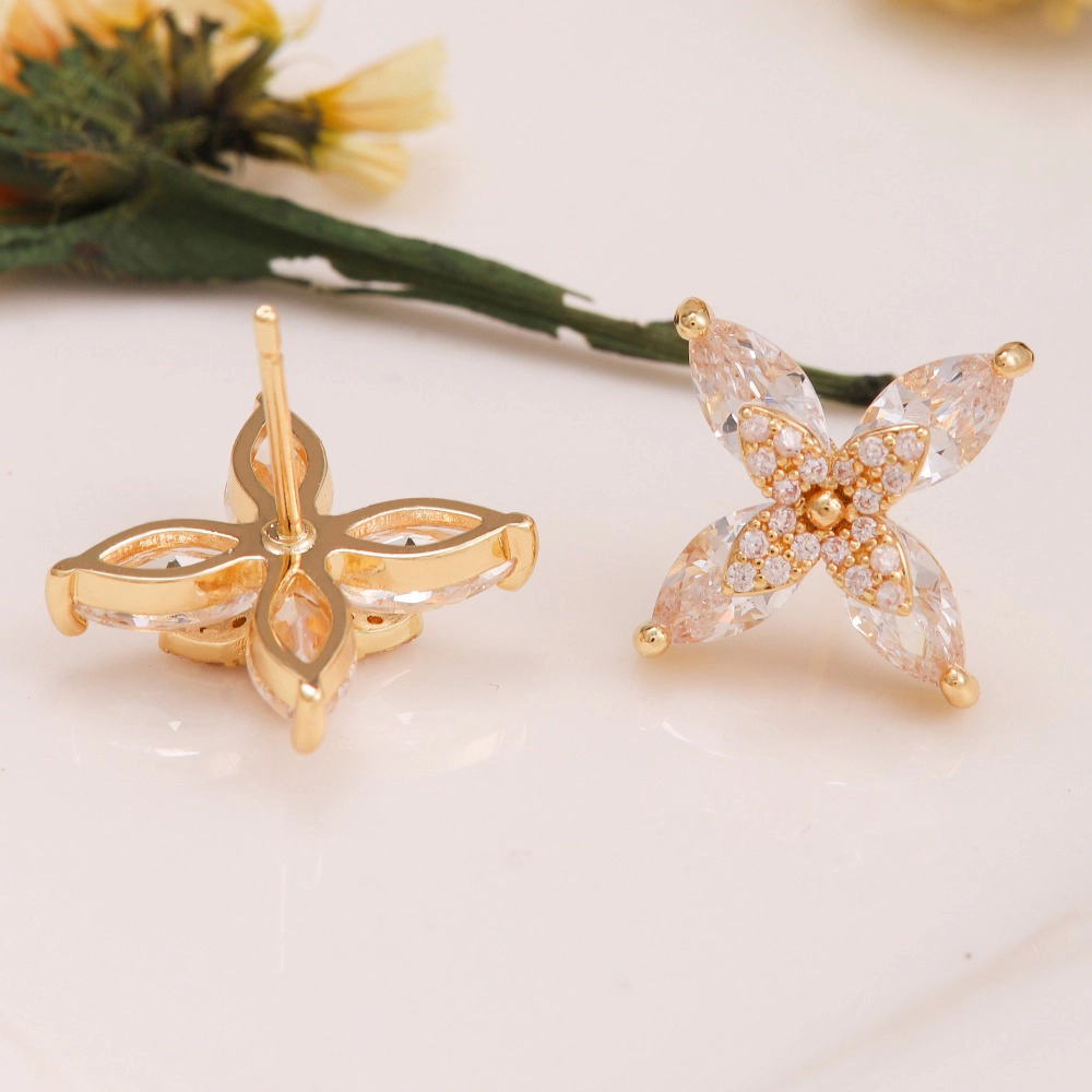Four Leaf Marquise Cubic Zirconia Flower Stud Earring