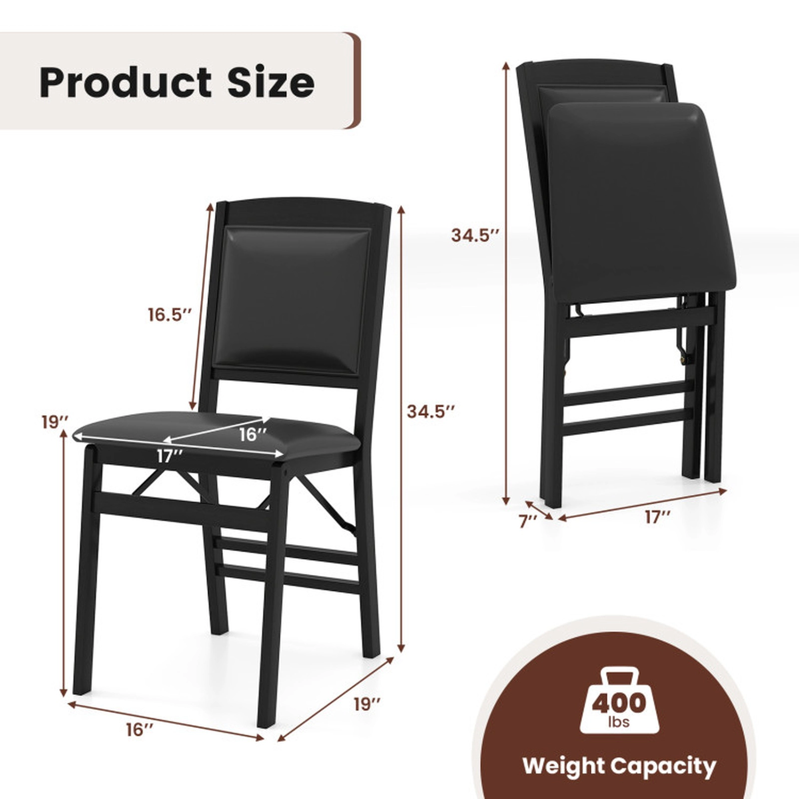 SUGIFT Set of 4 Black PU Leather Padded Folding Dining Chairs, 400-Lb Capacity, High Backrest