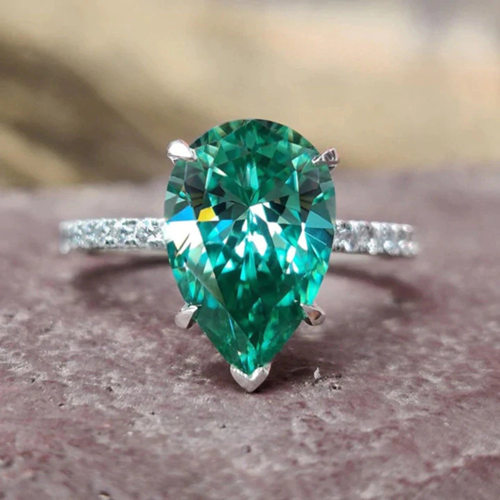 Platinum Plated Classic Pear-Cut Simulated Emerald Cubic Zirconia CZ Halo Wedding Ring