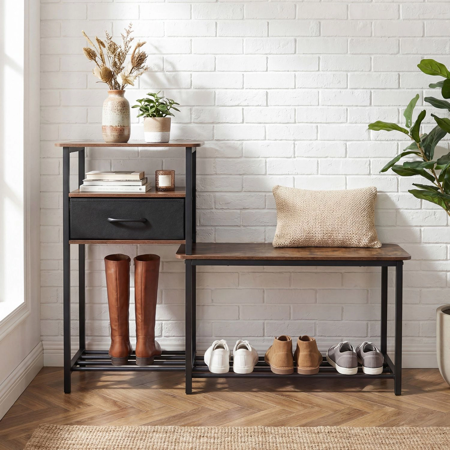 SlickBlue Industrial Shoe Rack Bench with Storage Drawer and Shelves