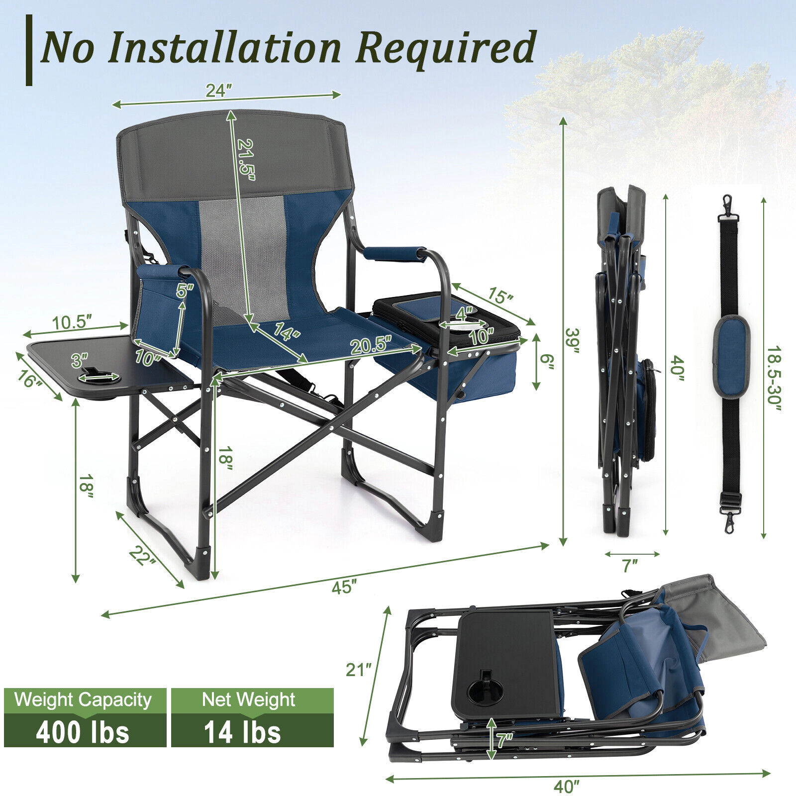 SUGIFT 400-lb Capacity Folding Directors Camping Chair with Side Table Cooler Bag and Storage Bag