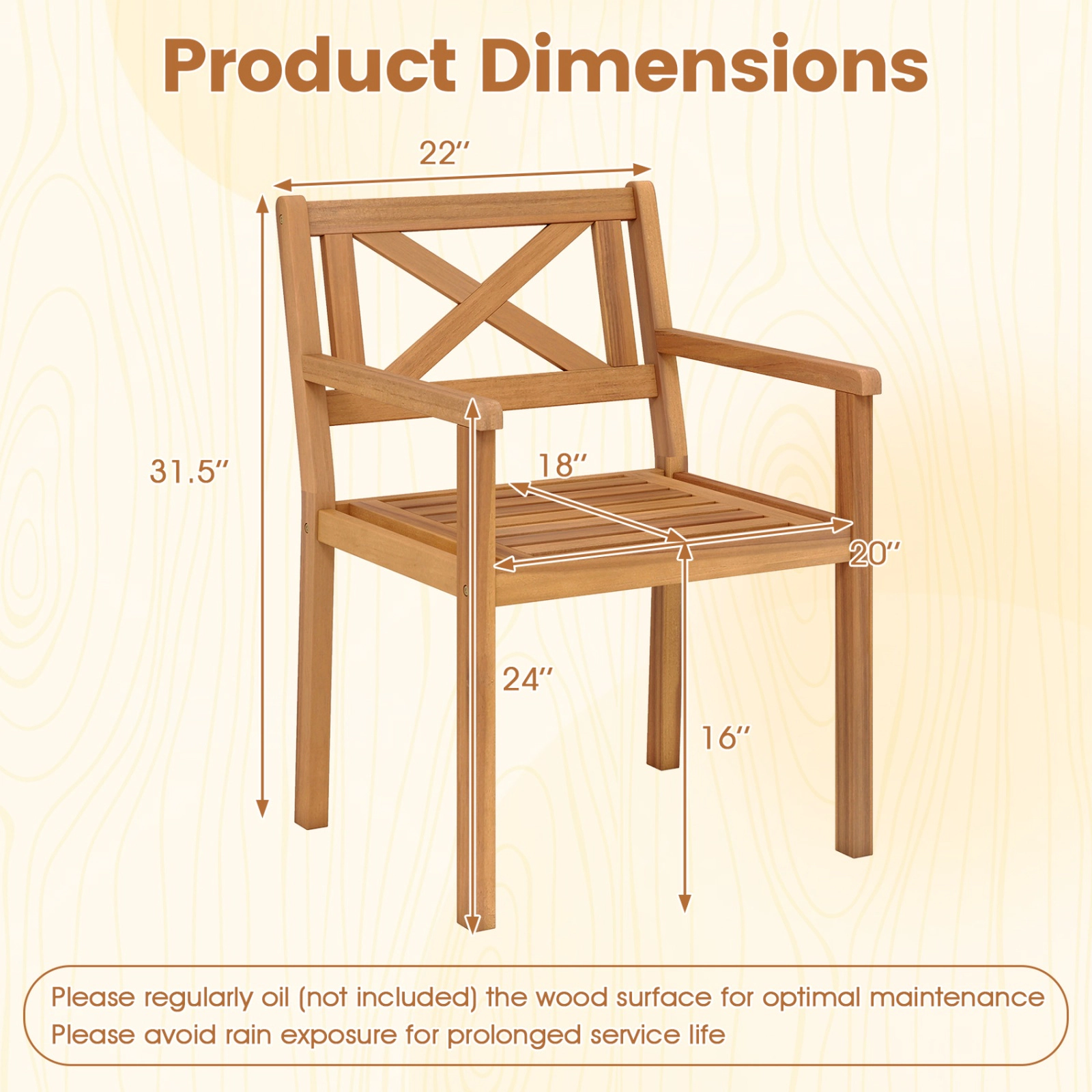 SUGIFT Acacia Wood Patio Dining Armchairs 400-lb Capacity Set of 2 Teak Finish 22-in Frame 20 x 18 in Ventilated Seat