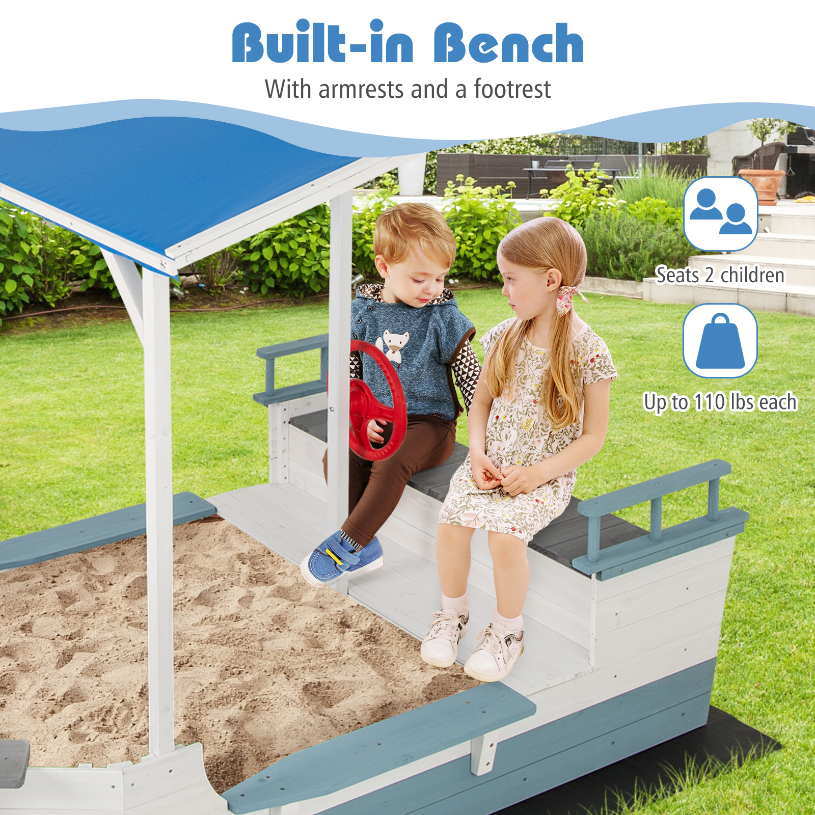 LJG Kids Pirate Ship Sandbox with Canopy with Bench Seats and Bottom Liner