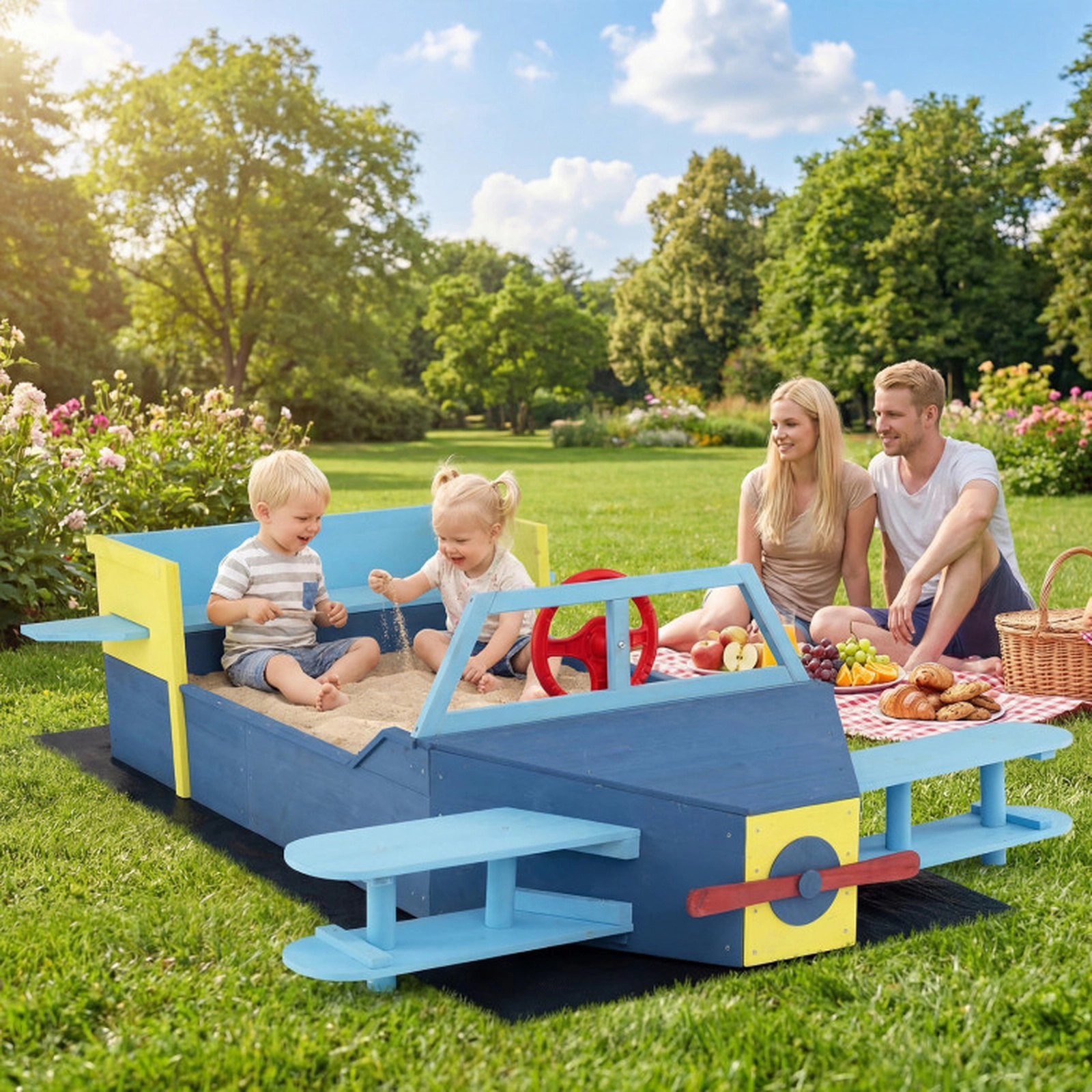 SUGIFT Large Wooden Kids Sandbox with Bottom Liner and Bench Seat 110-lb Bench Capacity Ages 18+ Months Blue