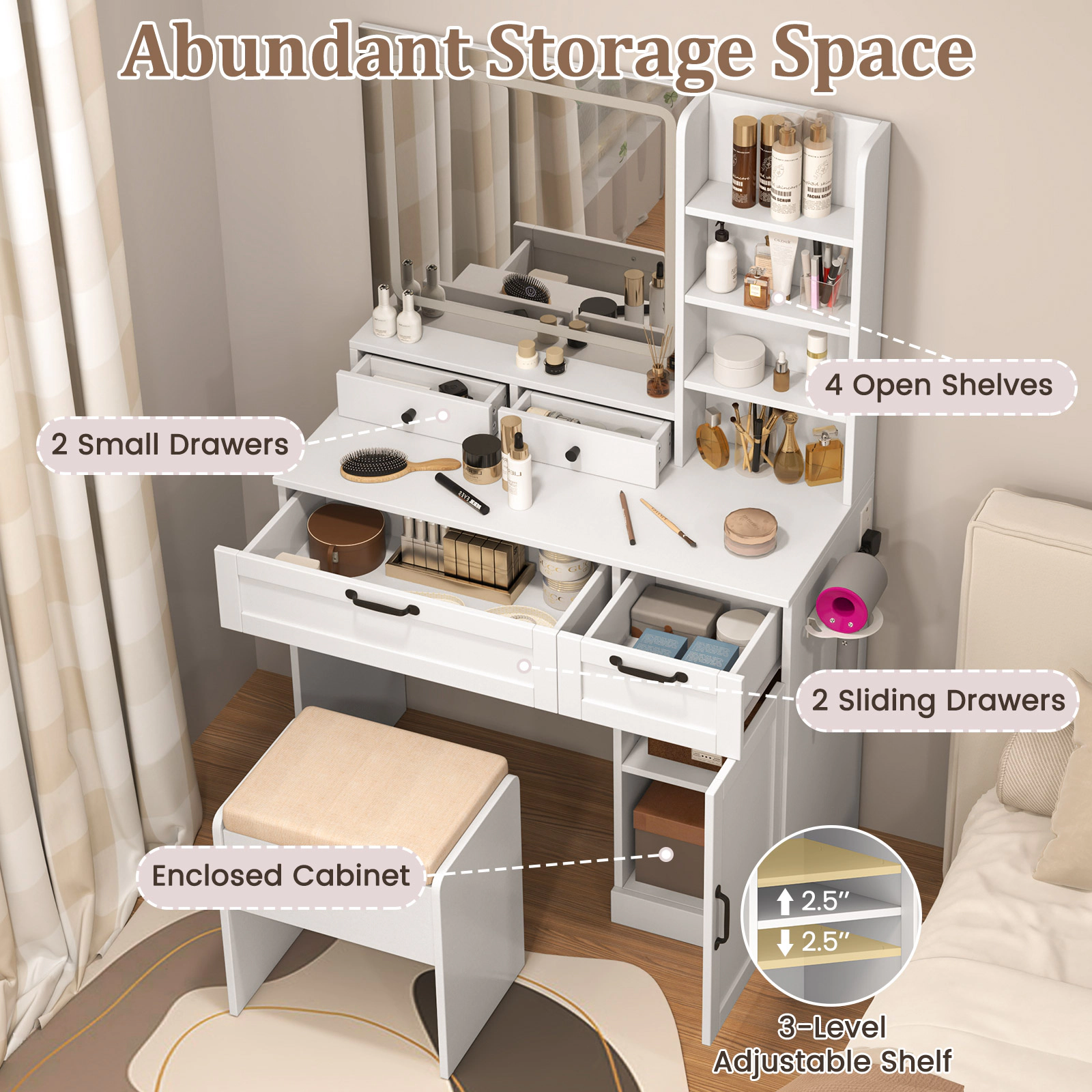 SUGIFT Natural Vanity Desk Set with Lighted Mirror, Hair Dryer Holder and Storage Stool