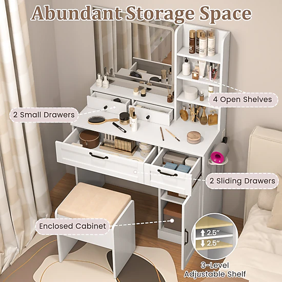 SUGIFT Natural Vanity Desk Set with Lighted Mirror, Hair Dryer Holder and Storage Stool