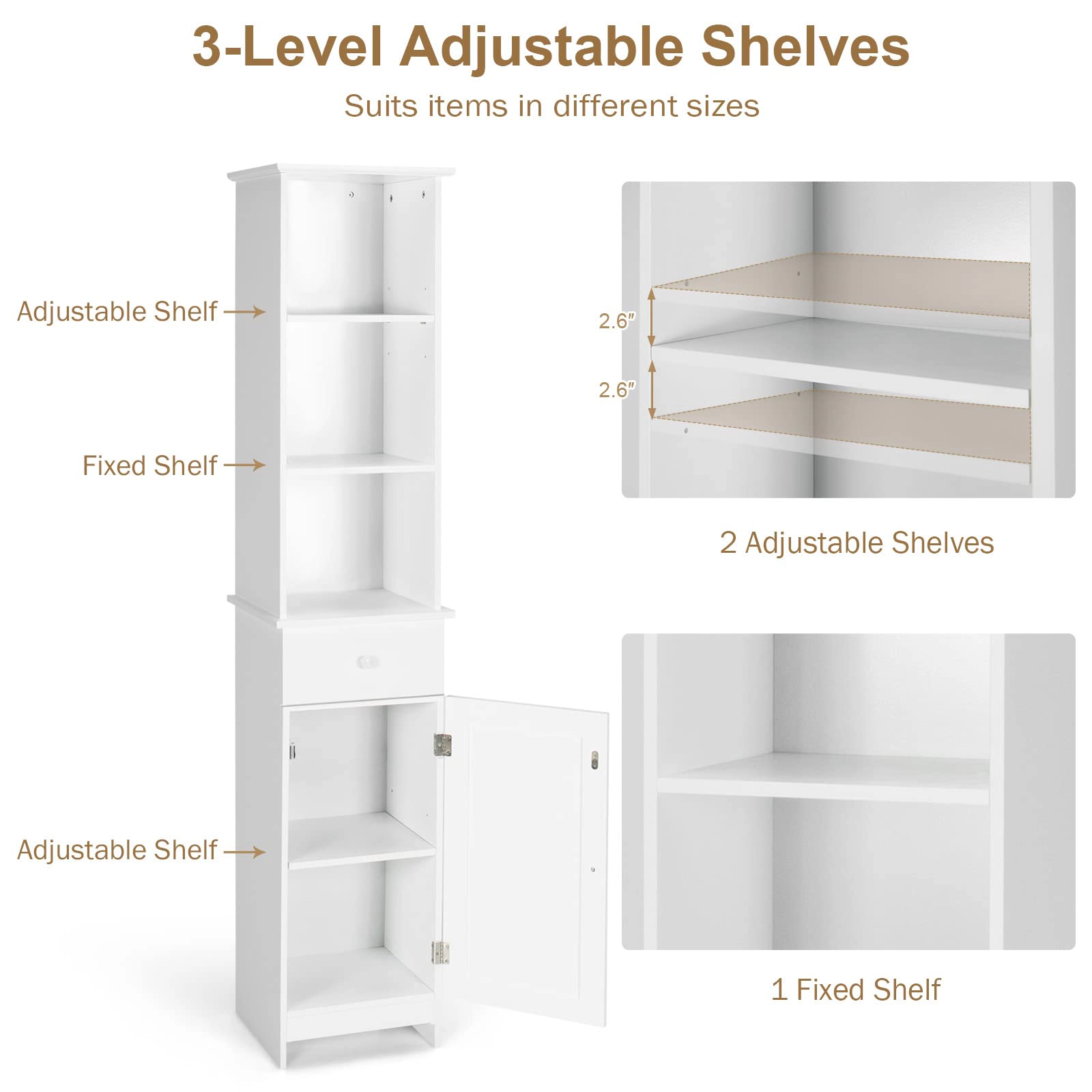 Glintex 64-Inch Tall Bathroom Linen Cabinet with Open Shelves and Drawer, White