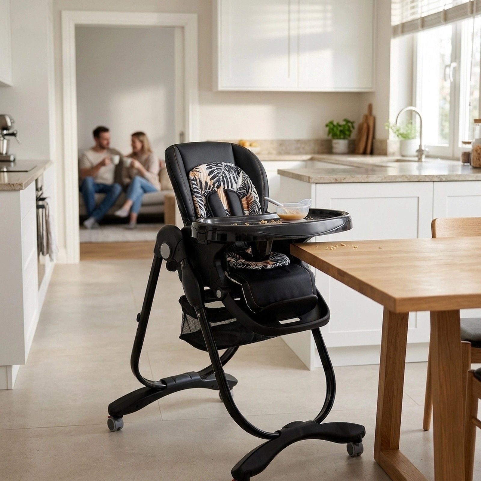 Multifunctional Folding Baby High Chair Lockable Swivel Wheels 7 Adjustable Heights Removable Cup-Slot Tray Black