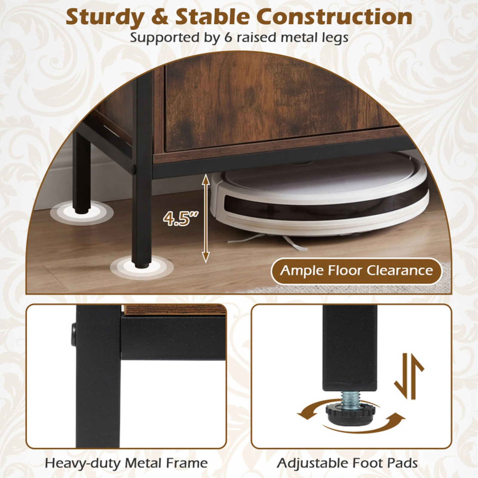SUGIFT 58-Inch Industrial TV Stand for TVs Up to 65 Inches, 2 Cabinets, Adjustable Shelf, Rustic Brown and Black