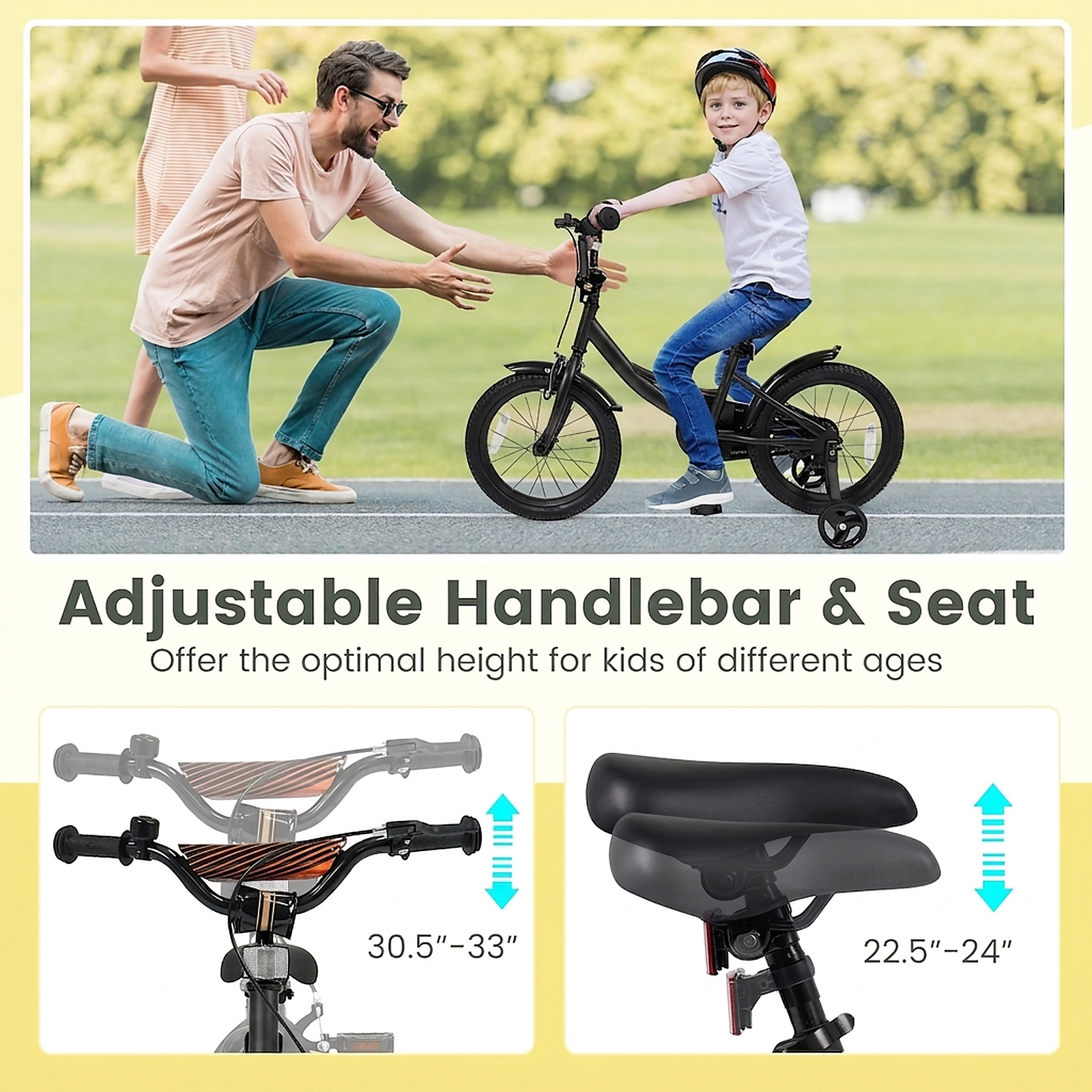 16-in Kids Bike Ages 4-7 Black Bicycle Detachable Training Wheels Reflectors Bell Kickstand 145-lb Seat Rating