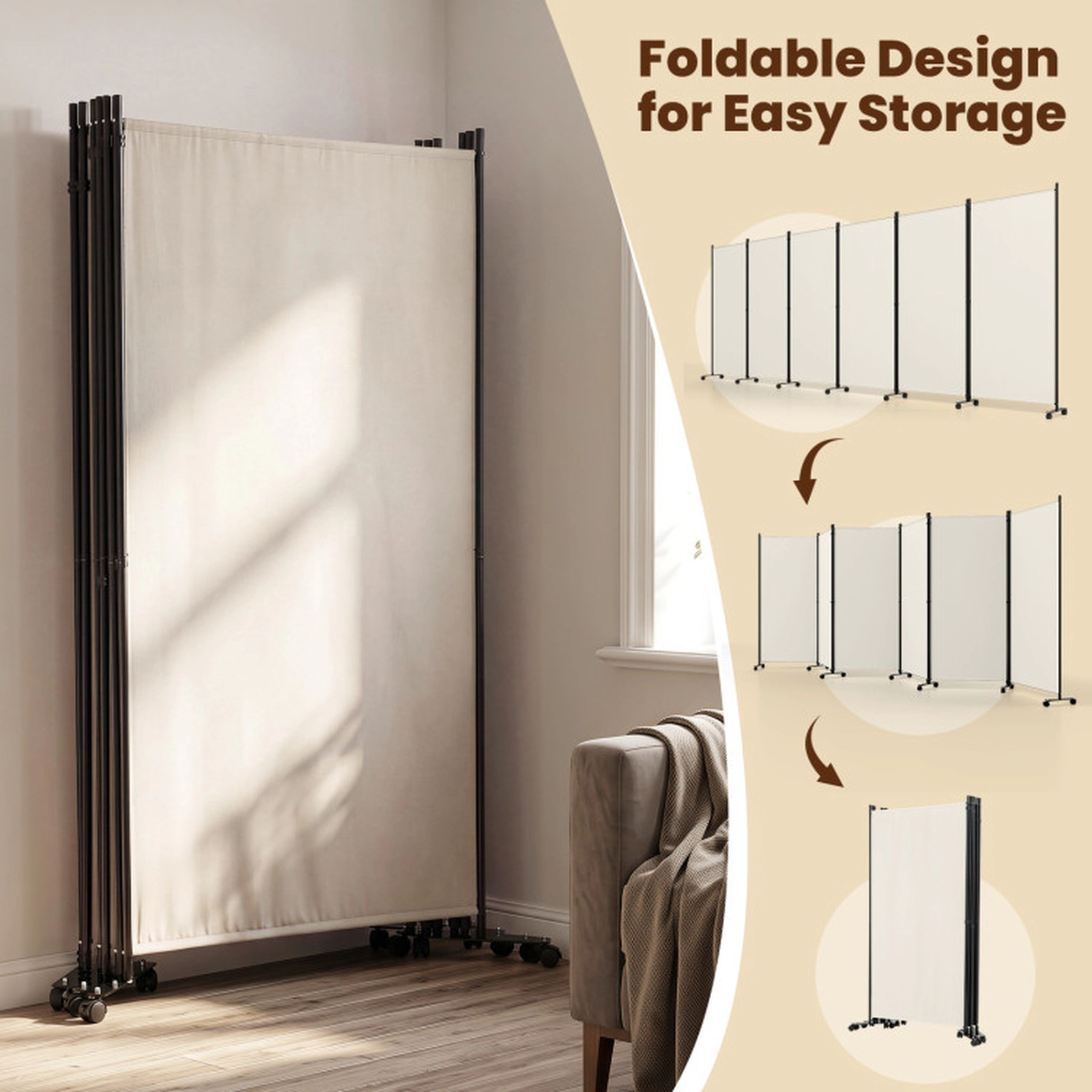 SUGIFT 6-Panel Folding Privacy Screen Room Divider with Wheels 71.5-in Tall Black/ Coffee
