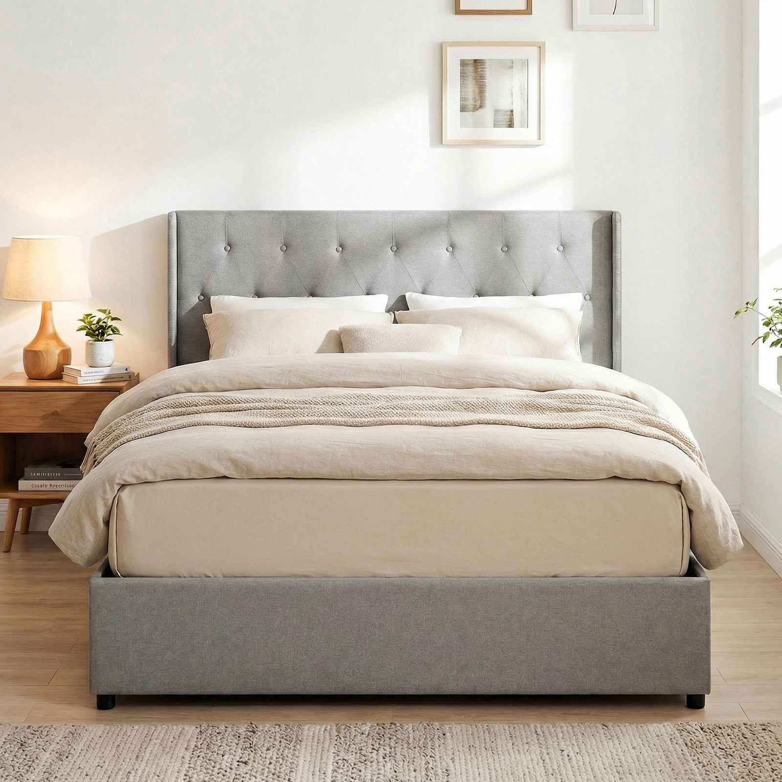 SUGIFT Queen Lift-Up Storage Bed, Gray Linen Upholstered Platform with Tufted Wingback Headboard