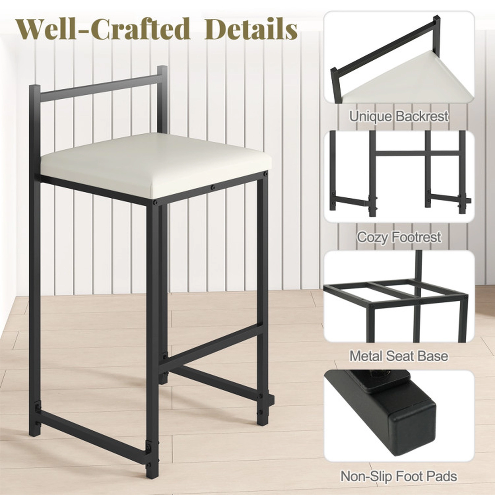 SUGIFT Set of 2 Stackable Counter Height Bar Stools Footrest 400-lb Capacity 26-in Seat Black Frame Light Gray Cushions