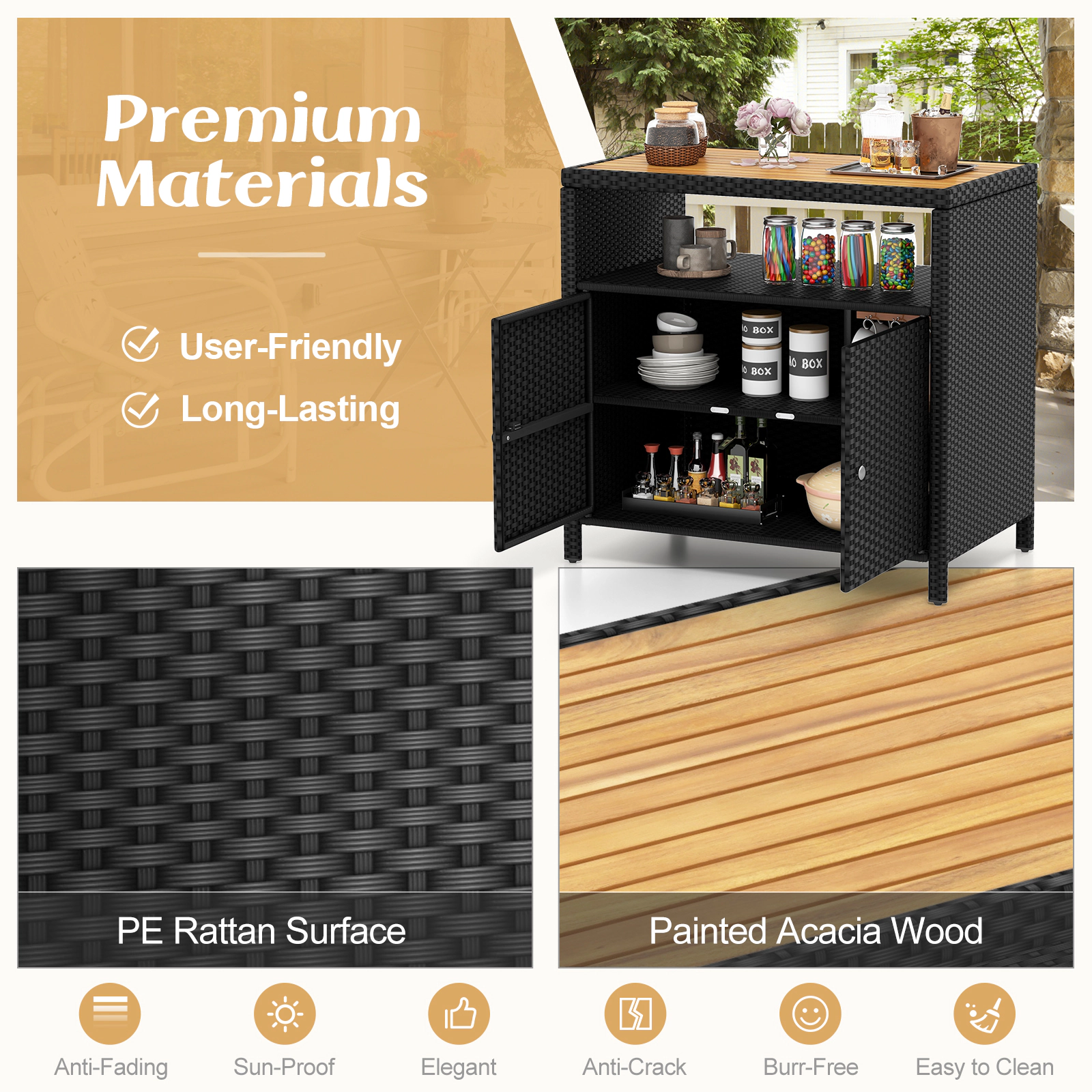 Glintex 35.5-Inch Outdoor Rattan Cabinet with Acacia Wood Countertop, Black + Natural