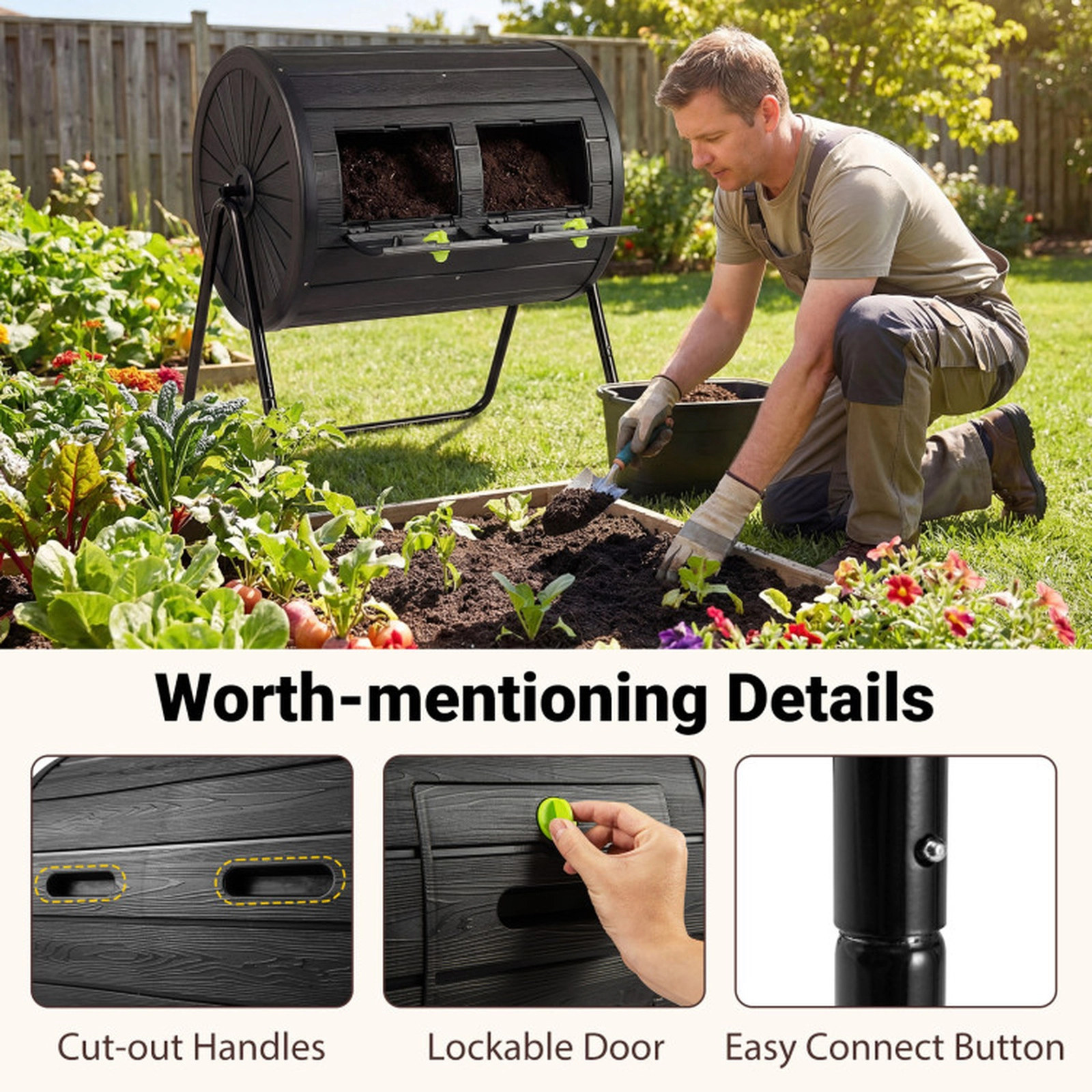 SUGIFT 37.5-gal Black Dual Chamber Outdoor Composter Tumbler with 2 Lockable Doors and Wood Grain