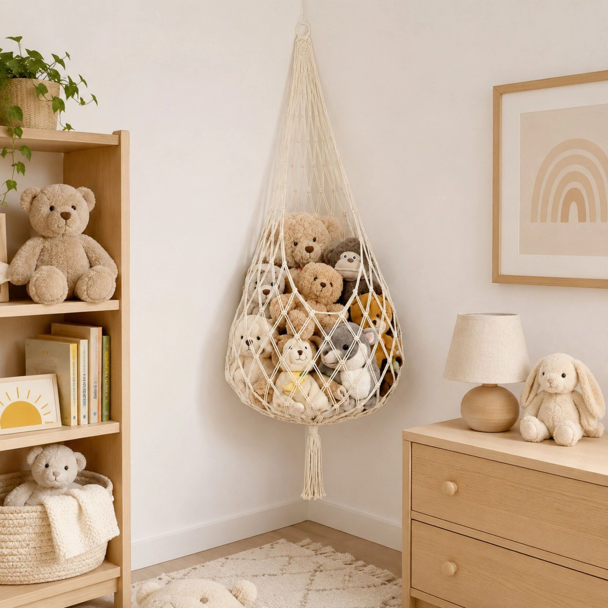 Alilang Unisex Macrame Hanging Stuffed Animal Storage Net Cotton Rope Corner Organizer