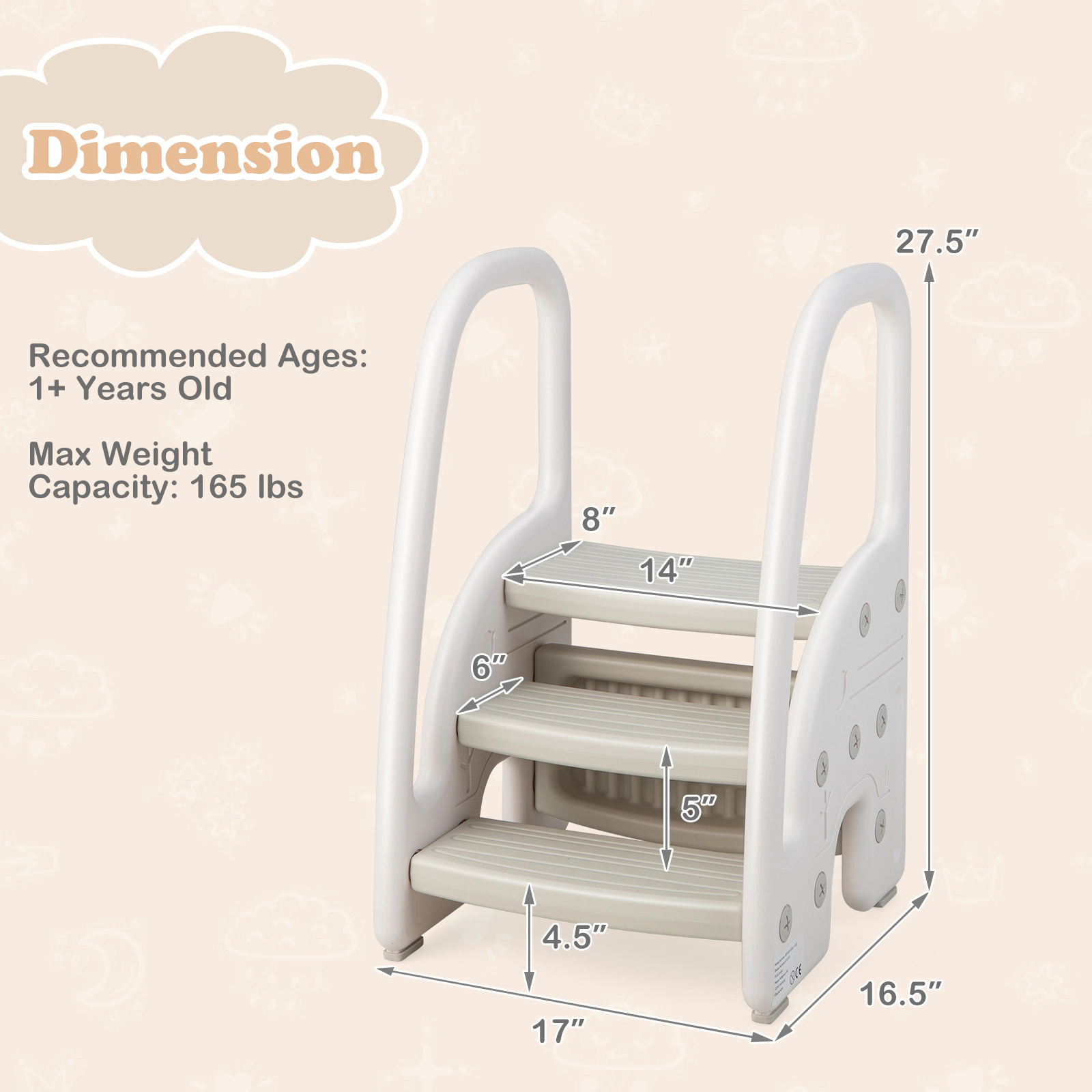 SUGIFT Gray 3-Step Toddler Step Stool with Safety Handles and Non-Slip Pedals for Bathroom and Kitchen