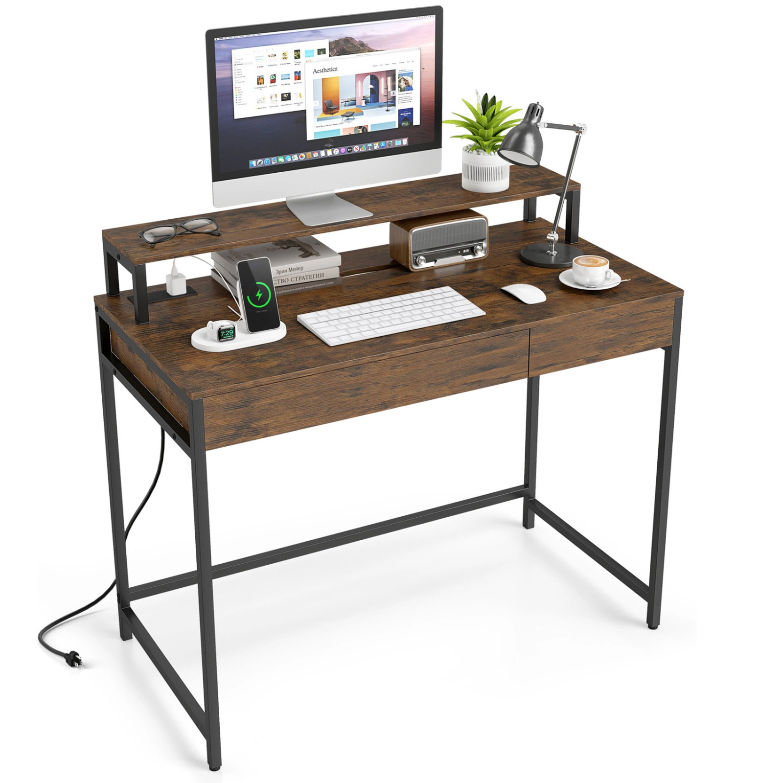 SUGIFT 39.5 in Office Desk Rustic Brown with Removable Monitor Shelf and Dual-Use Drawer