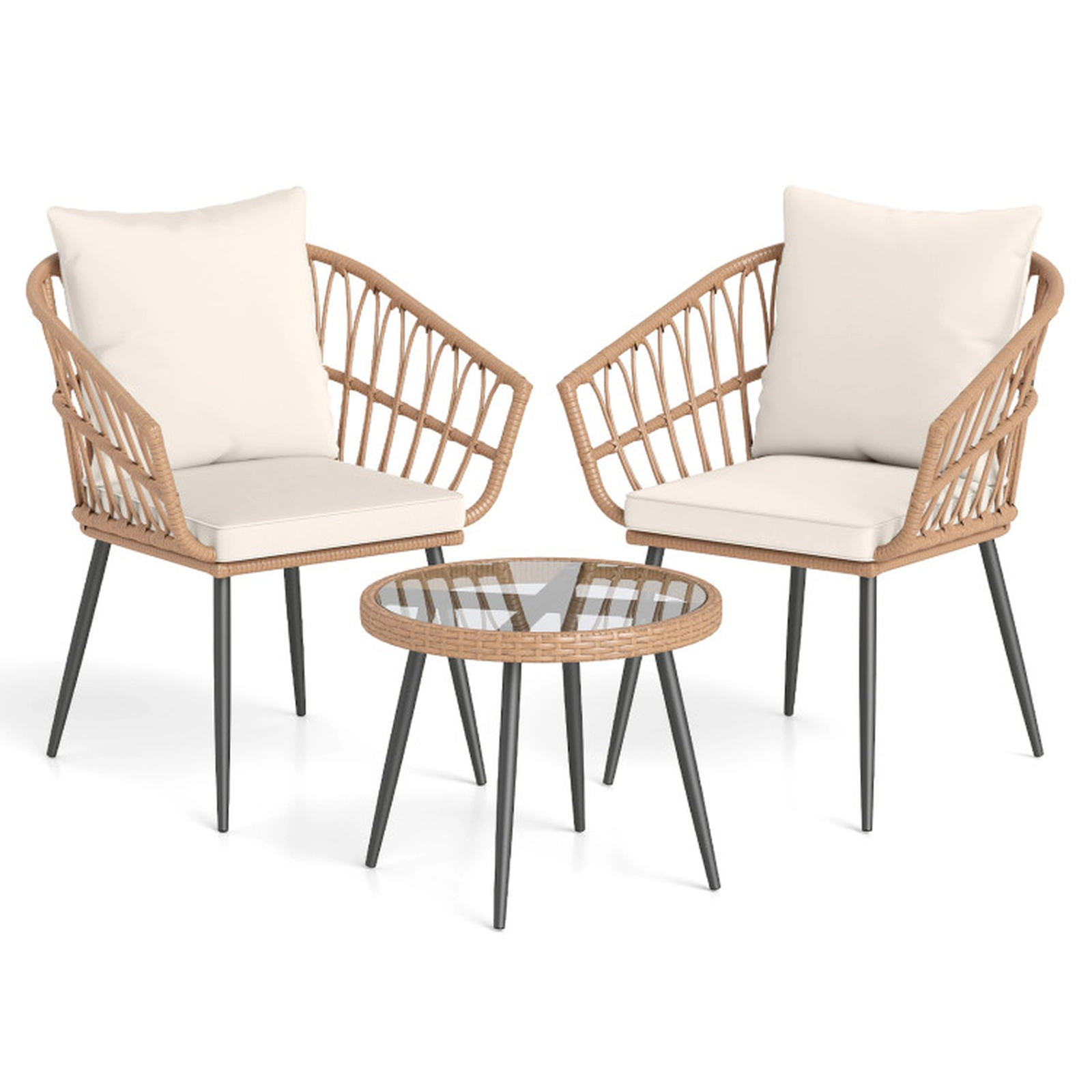 SUGIFT 3 Piece PE Rattan Patio Bistro Conversation Set Tempered Glass Coffee Table 110-lb Table 330-lb Chairs Natural