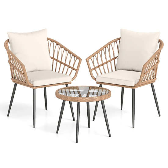 SUGIFT 3 Piece PE Rattan Patio Bistro Conversation Set Tempered Glass Coffee Table 110-lb Table 330-lb Chairs Natural