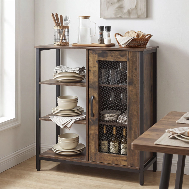 Hivvago Industrial Side Cabinet With Metal Mesh Door And 3 Open Shelves