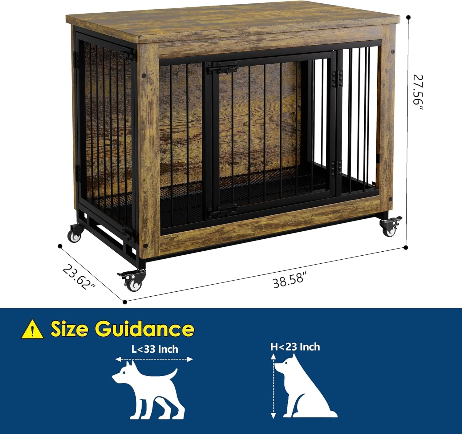 38.6" Rustic Wood Dog Crate Furniture with Pull-Out Tray, Wheels & 3 Doors, Heavy Duty Kennel Side Table