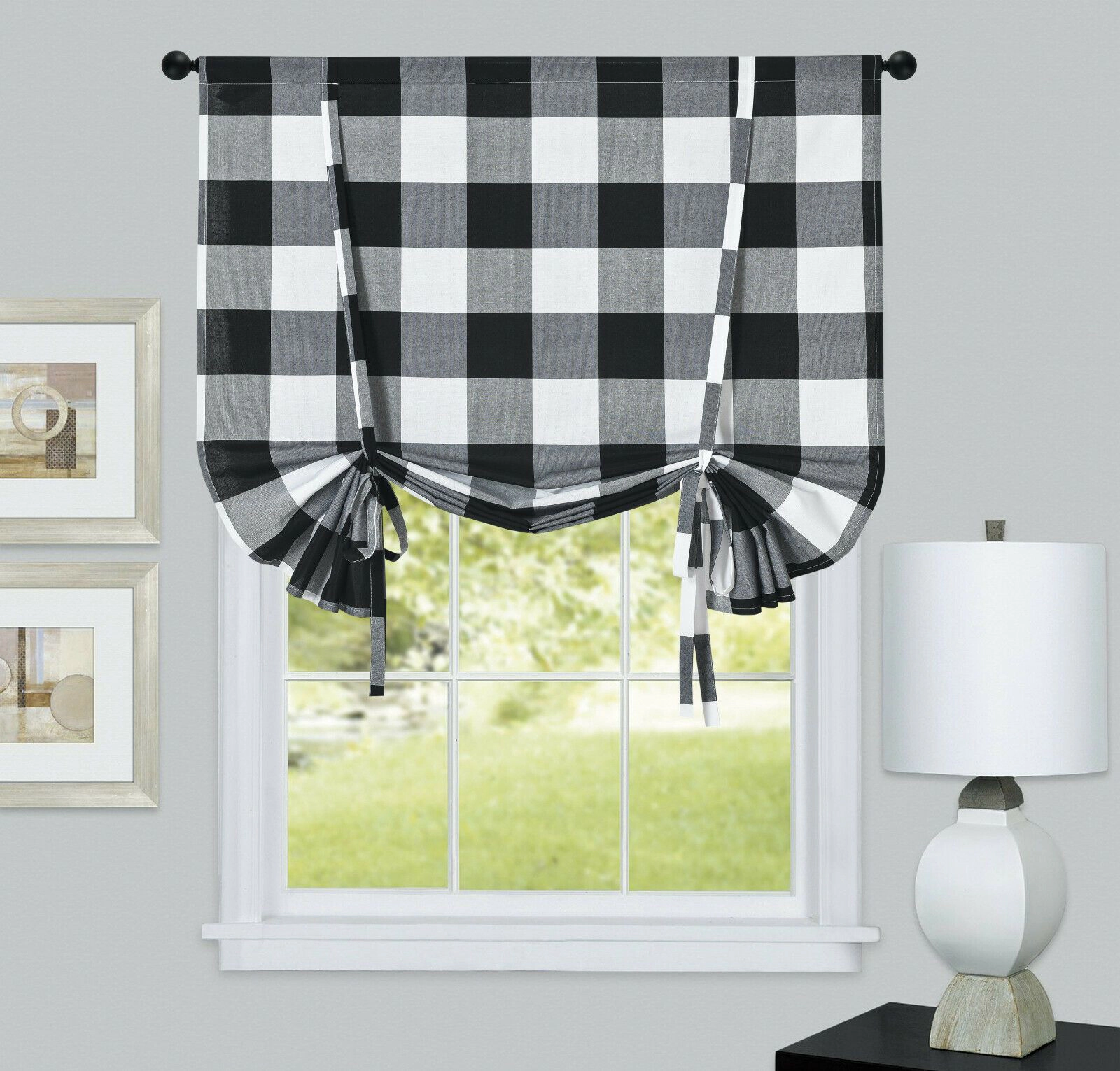 Kate Aurora Country Farmhouse Rod Pocket Buffalo Plaid Gingham Tie Up Window Curtain Panel