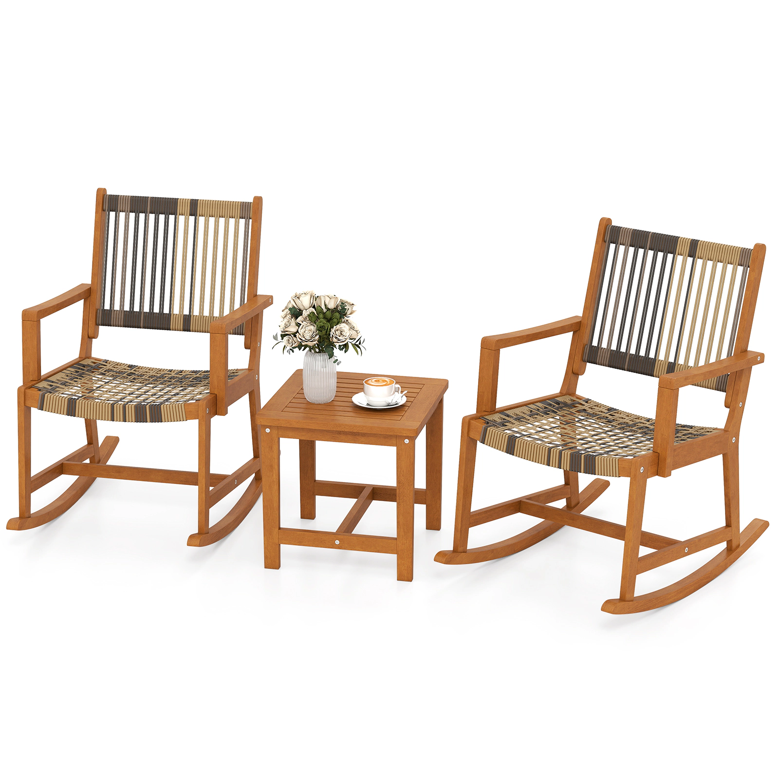 LJG 3 Piece Patio Rocking Set Acacia Wood Rocker Bistro Set with Rattan Seat and Back