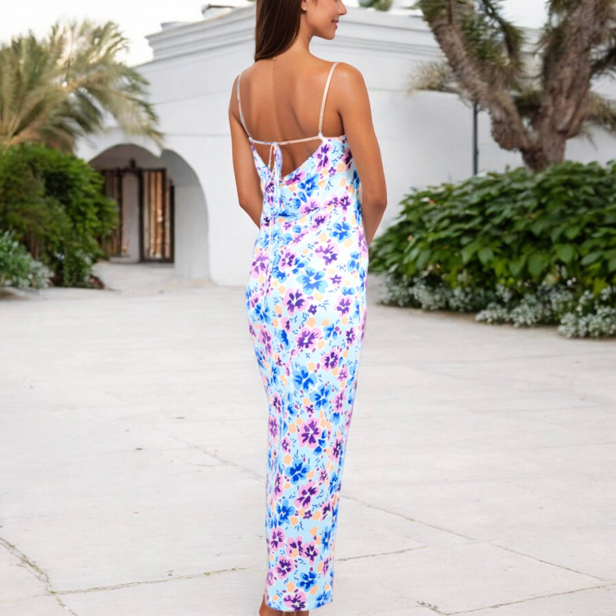 Anna-Kaci Women's Floral Print Spaghetti Strap Open Back Maxi Dress