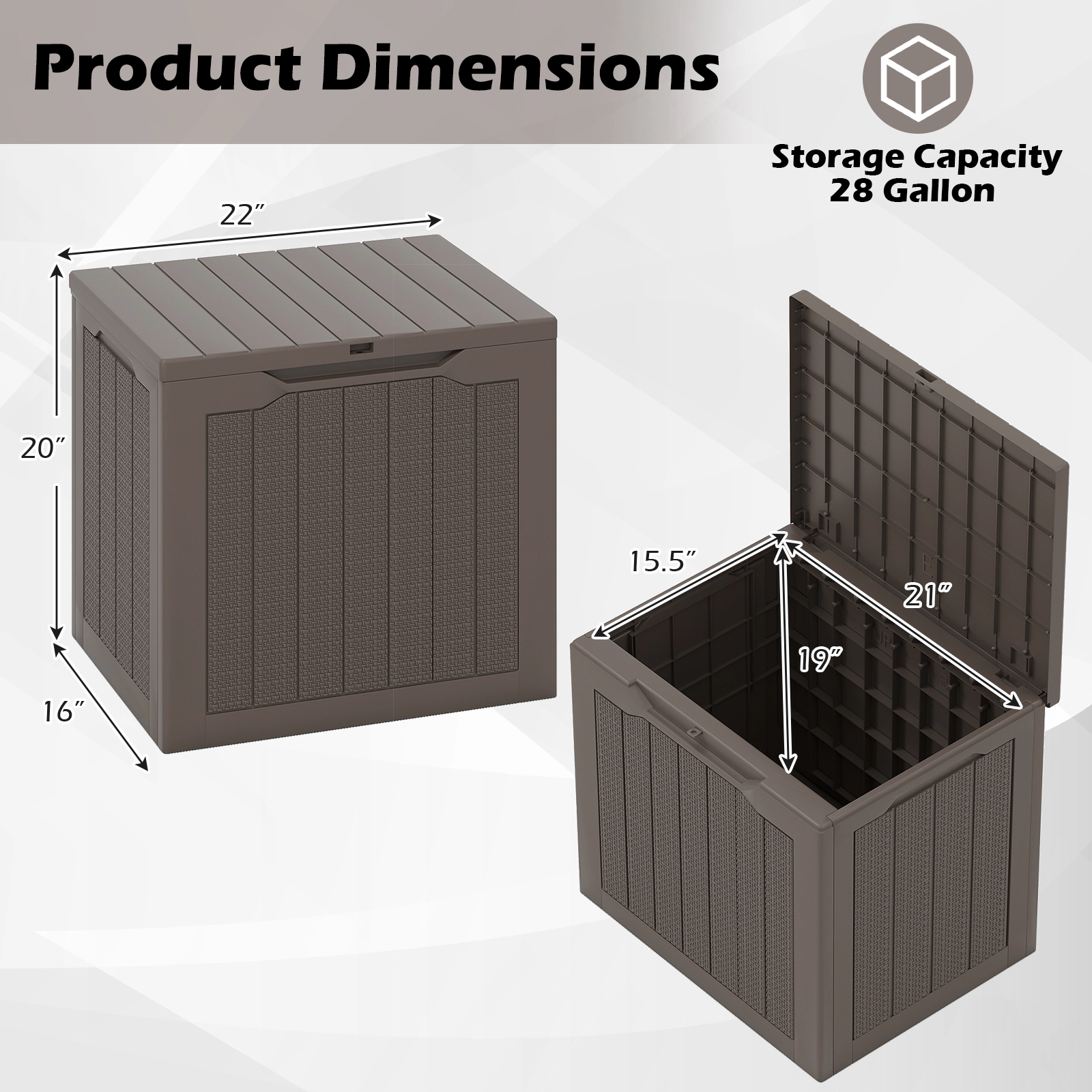 SUGIFT 25-Gal 330-lb Capacity Lockable Brown Wicker Small Deck Box Outdoor Storage Container with Lid