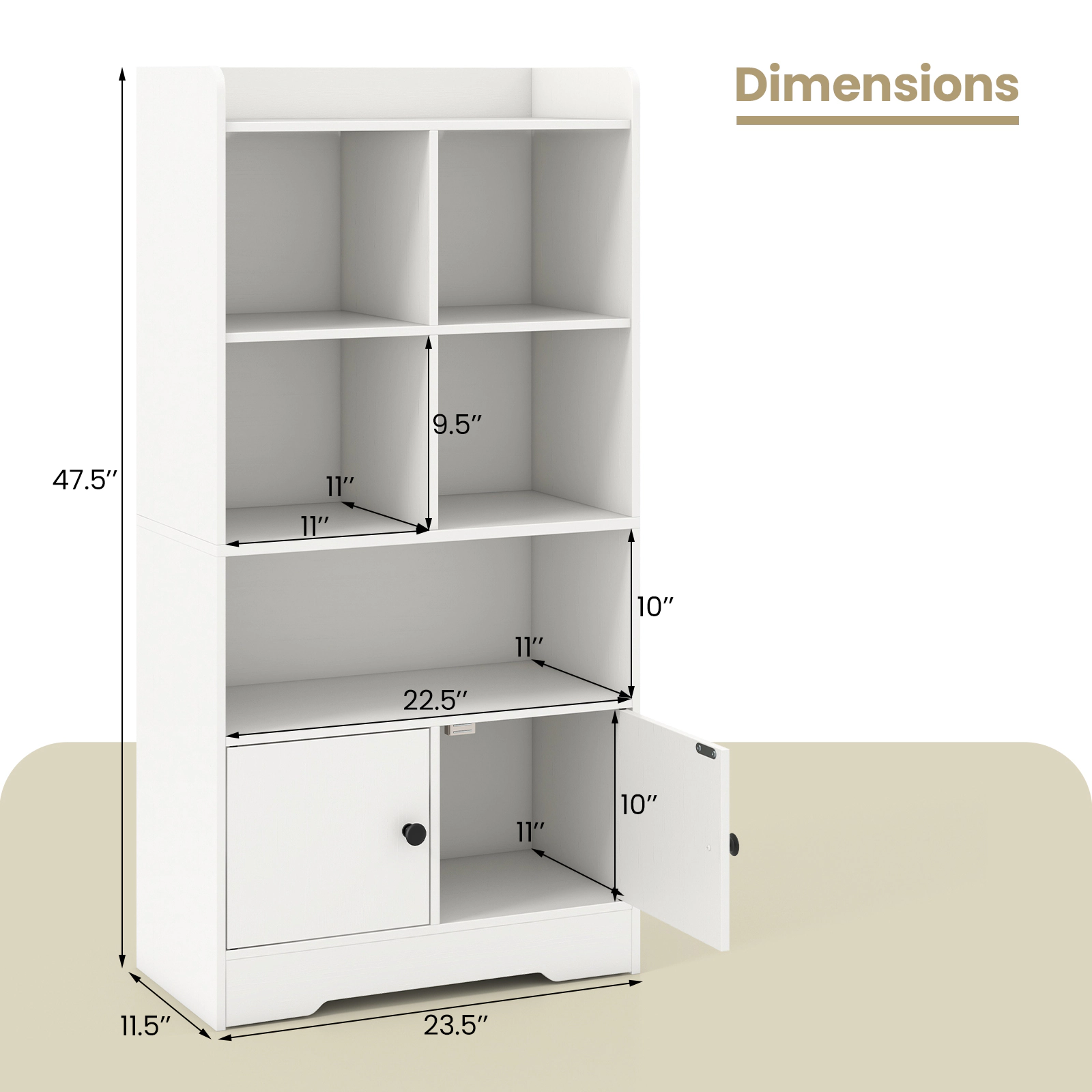 SUGIFT 4-Tier Engineered Wood Bookshelf with 4 Cube Display Shelf and 2-Door Cabinet 44-lb Top Layer Capacity White
