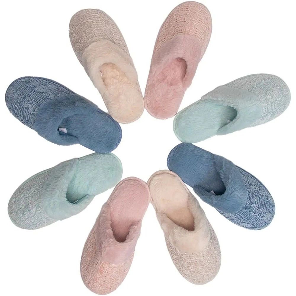 Roxoni Women’s Faux Fur Trim Clog Slippers with Sweater Knit Upper, Comfortable Indoor House Shoes
