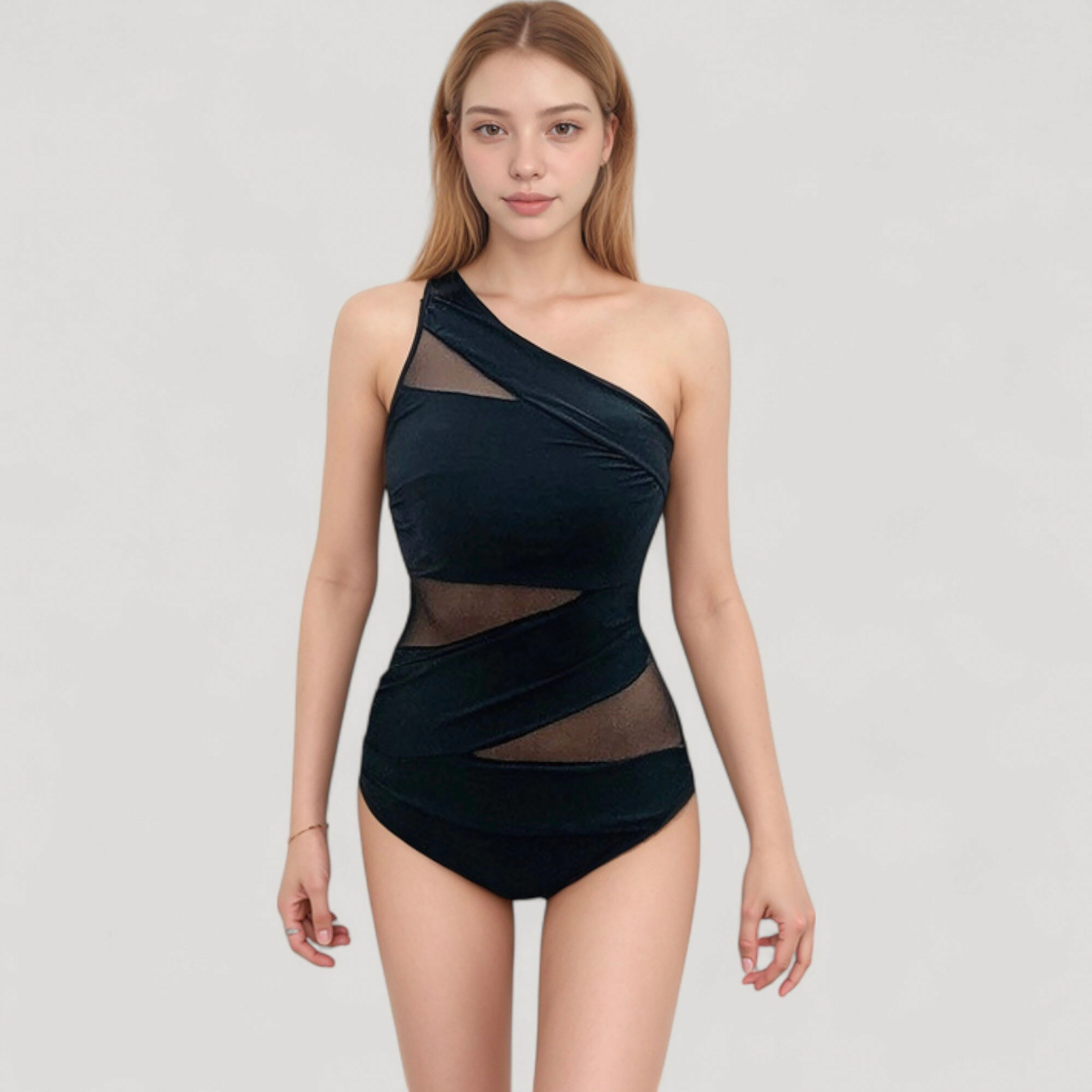 Anna-Kaci Women One-Shoulder One-Piece Swimsuit - Sheer Mesh Cutouts, Asymmetrical Design