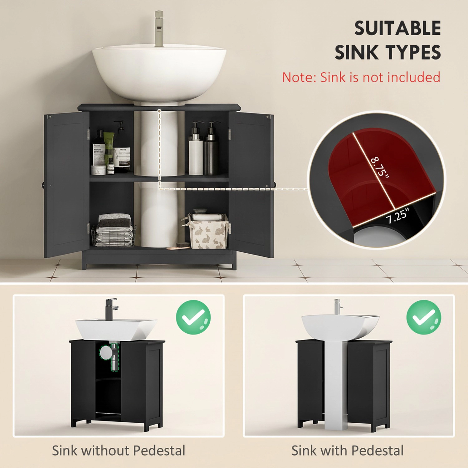 HONGGE Pedestal Sink Storage Cabinet, Cabinet with U-Shape and Shelf