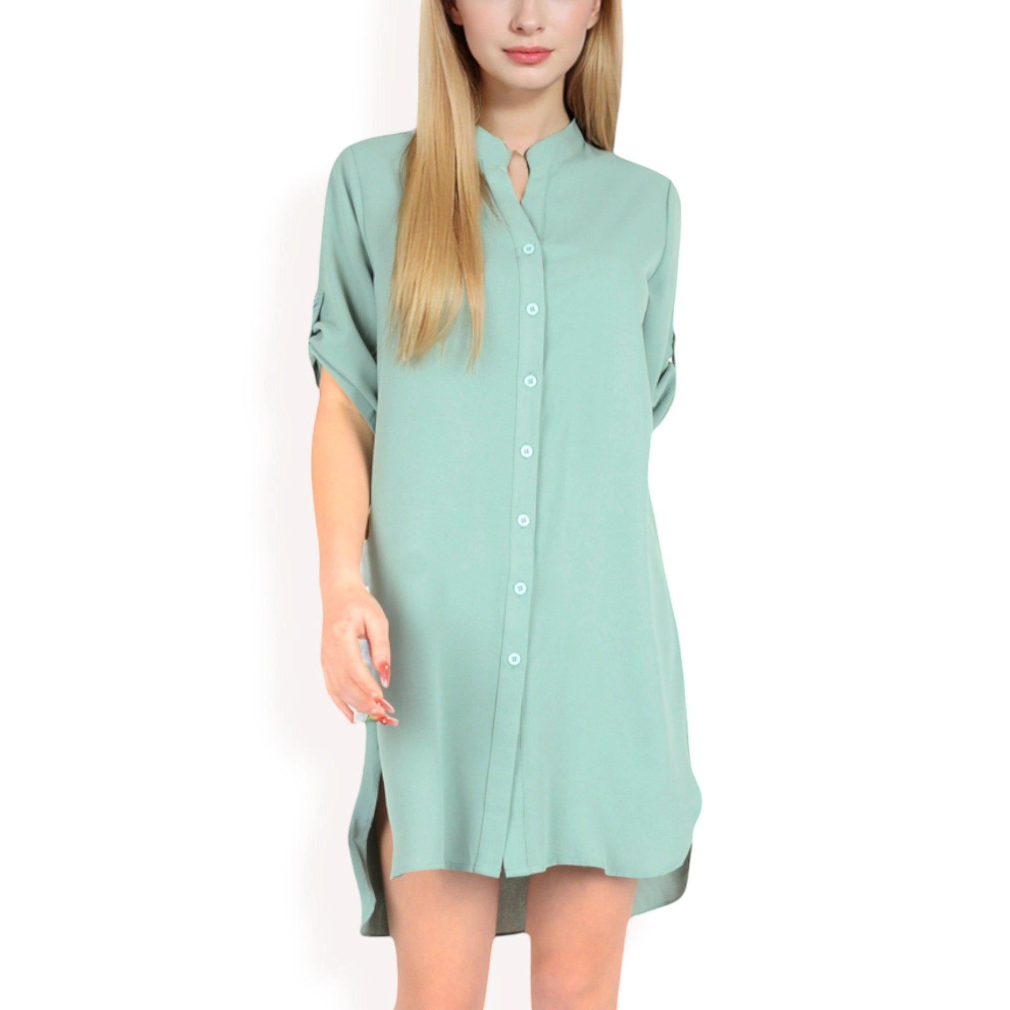 Anna-Kaci Women's Button Front Roll-Up Sleeve Shirt Dress