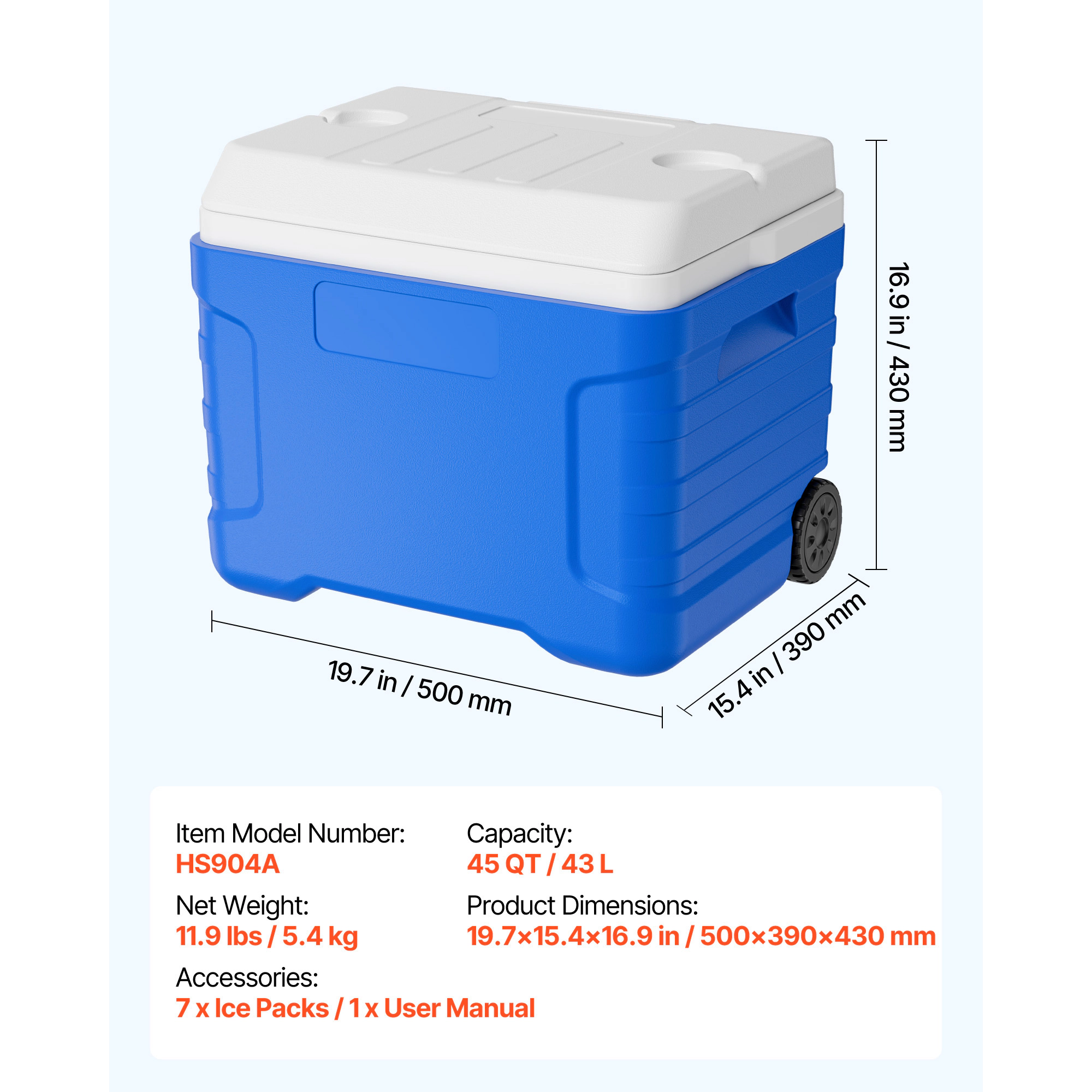 HONGGE 45-Quart Rolling Hard Cooler with Wheels, Leak-Resistant Ice Chest Holds 50 Cans for Camping and Grilling