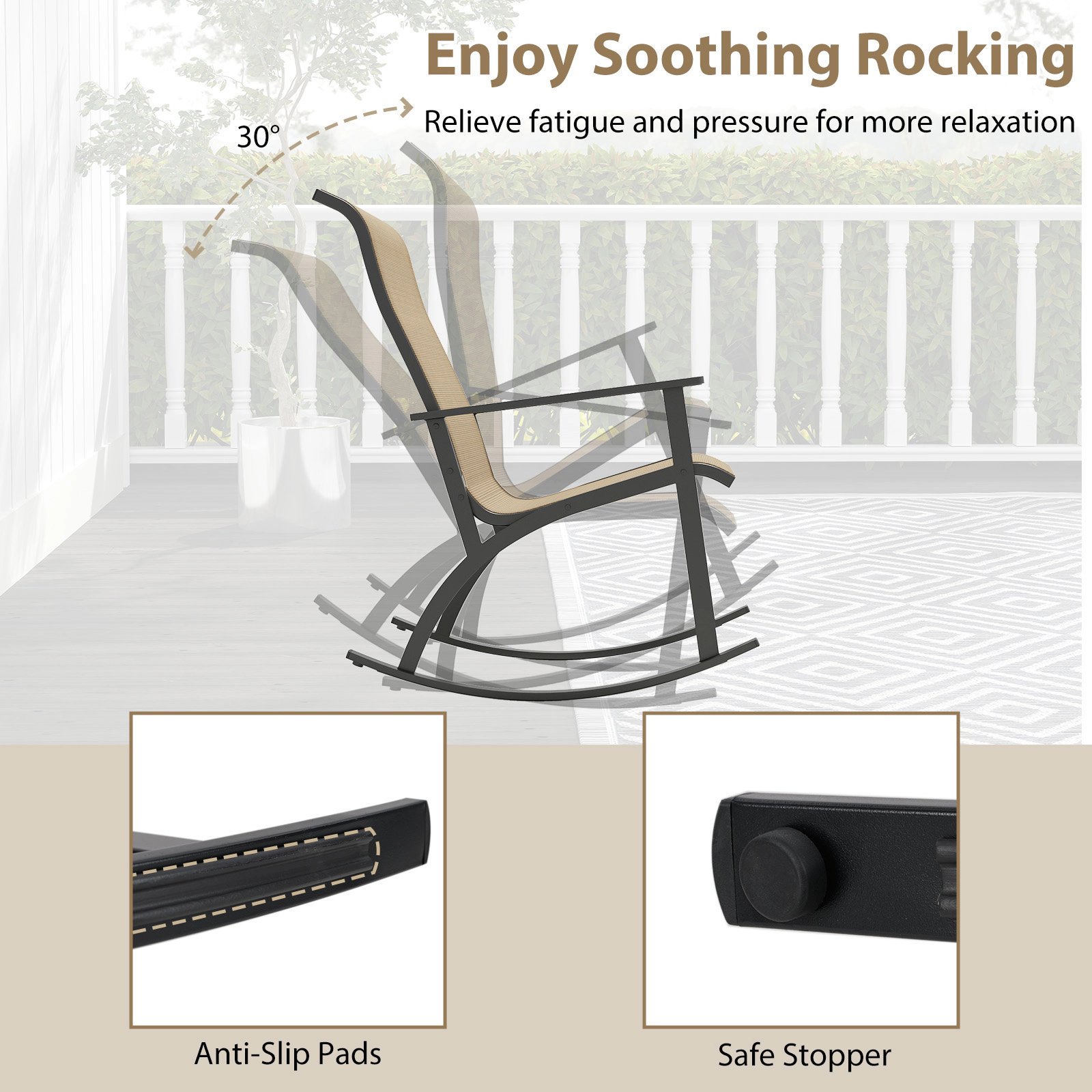 SUGIFT 3-Piece High-Back Outdoor Rocking Chair Set with Composite Side Table