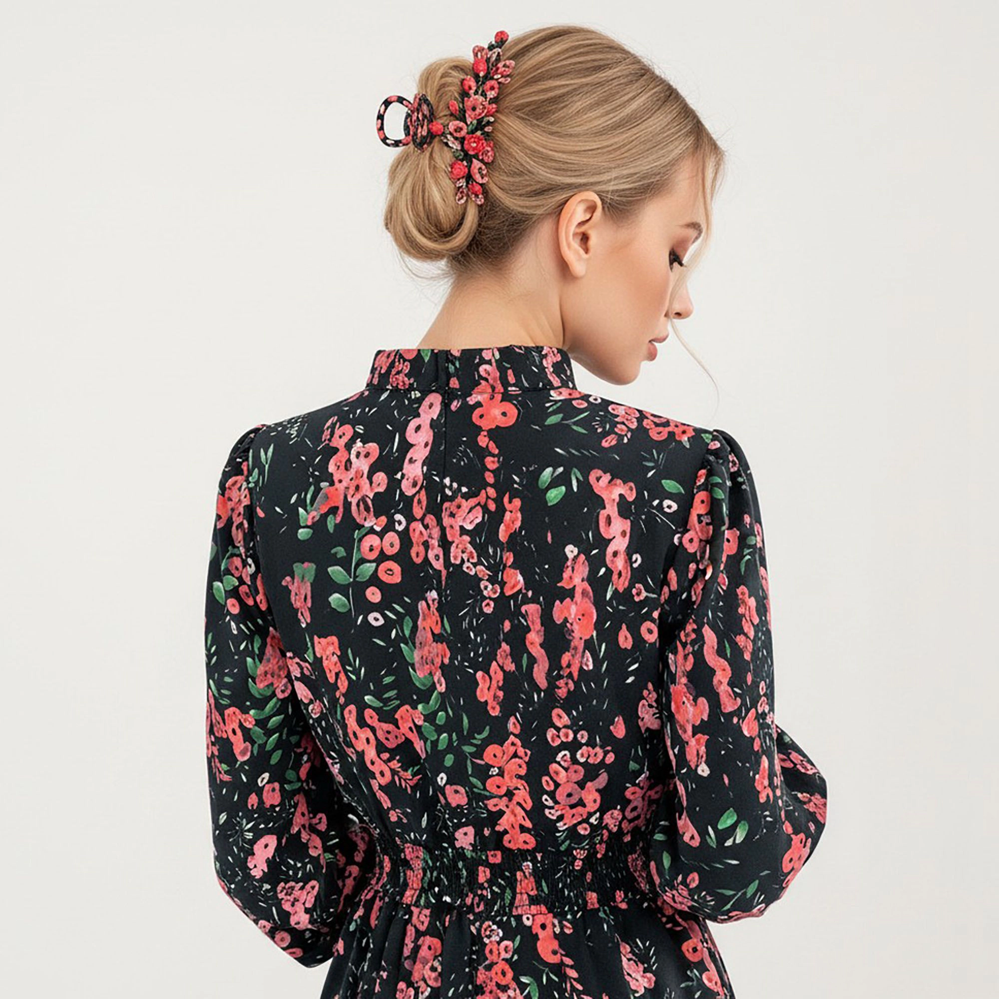 Anna-Kaci Women's Floral Print Smocked Waist Long Sleeve V Neck Ruffle Hem Dress