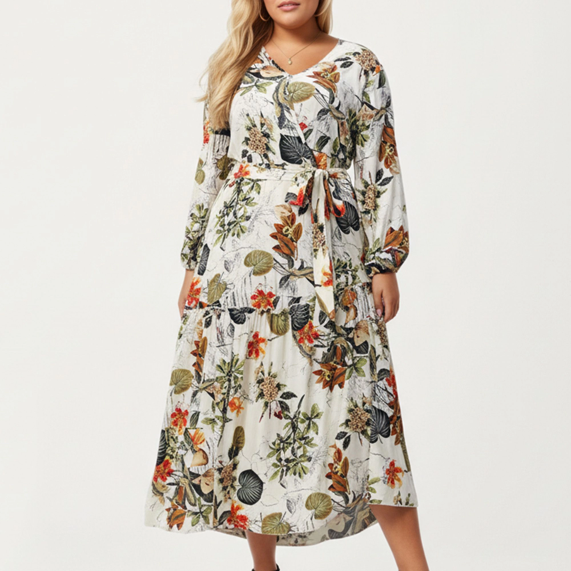 Anna-Kaci Women's Plus Floral Print Long Sleeve V Neck Waist Tie Tiered Skirt Midi Dress