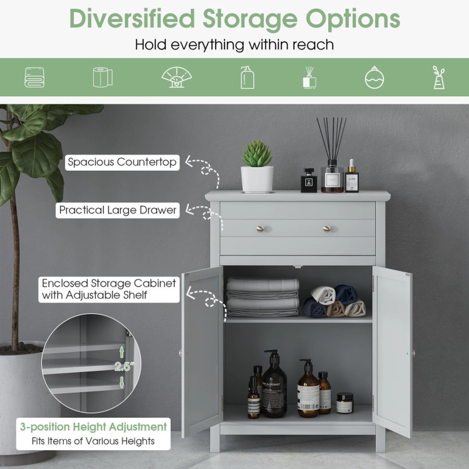SUGIFT Gray 110-lb Top Capacity 2-Door Wooden Bathroom Floor Storage Cabinet with Drawer and Adjustable Shelf