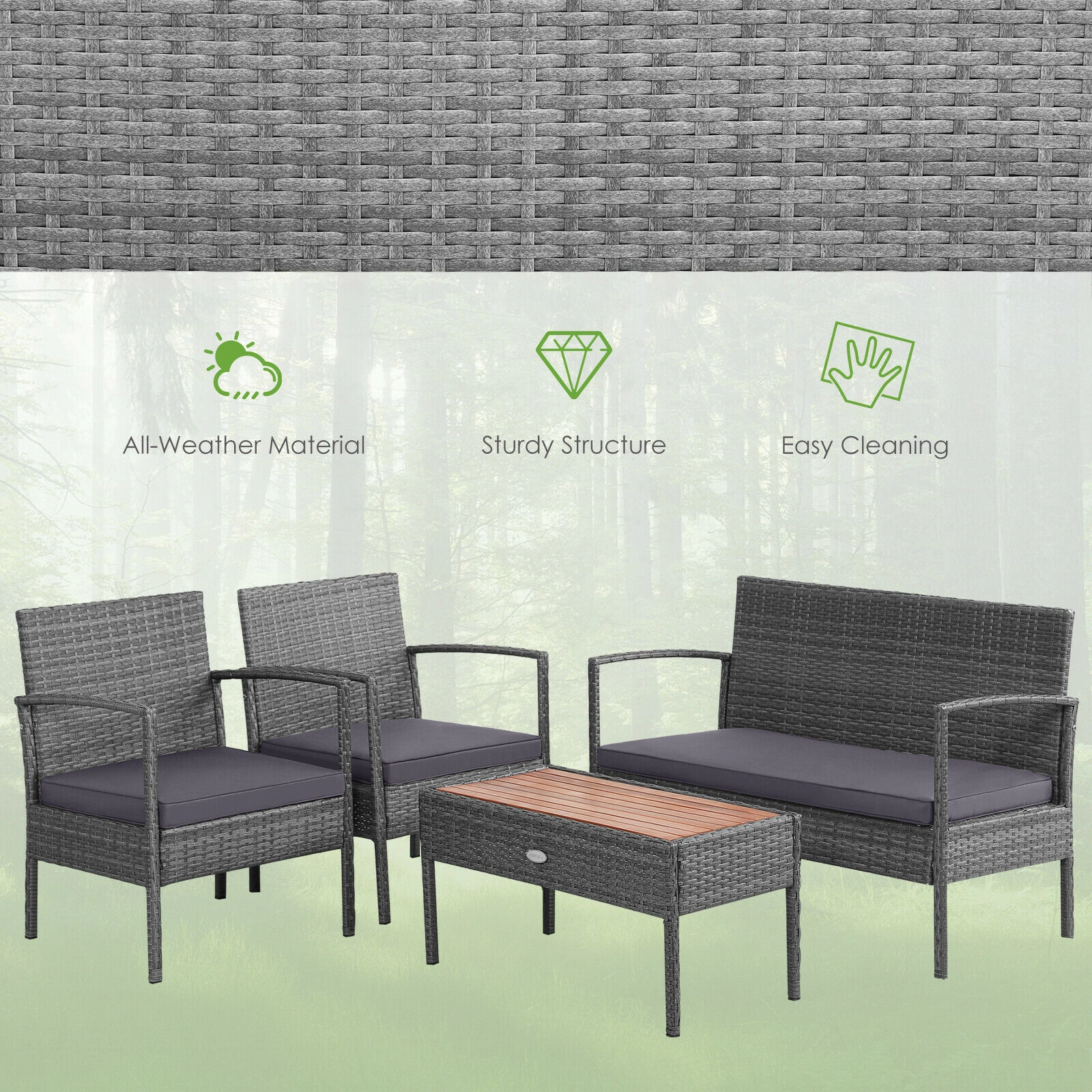 SUGIFT Gray Acacia Wood Tabletop and Cushions 4-Piece Rattan Patio Conversation Set