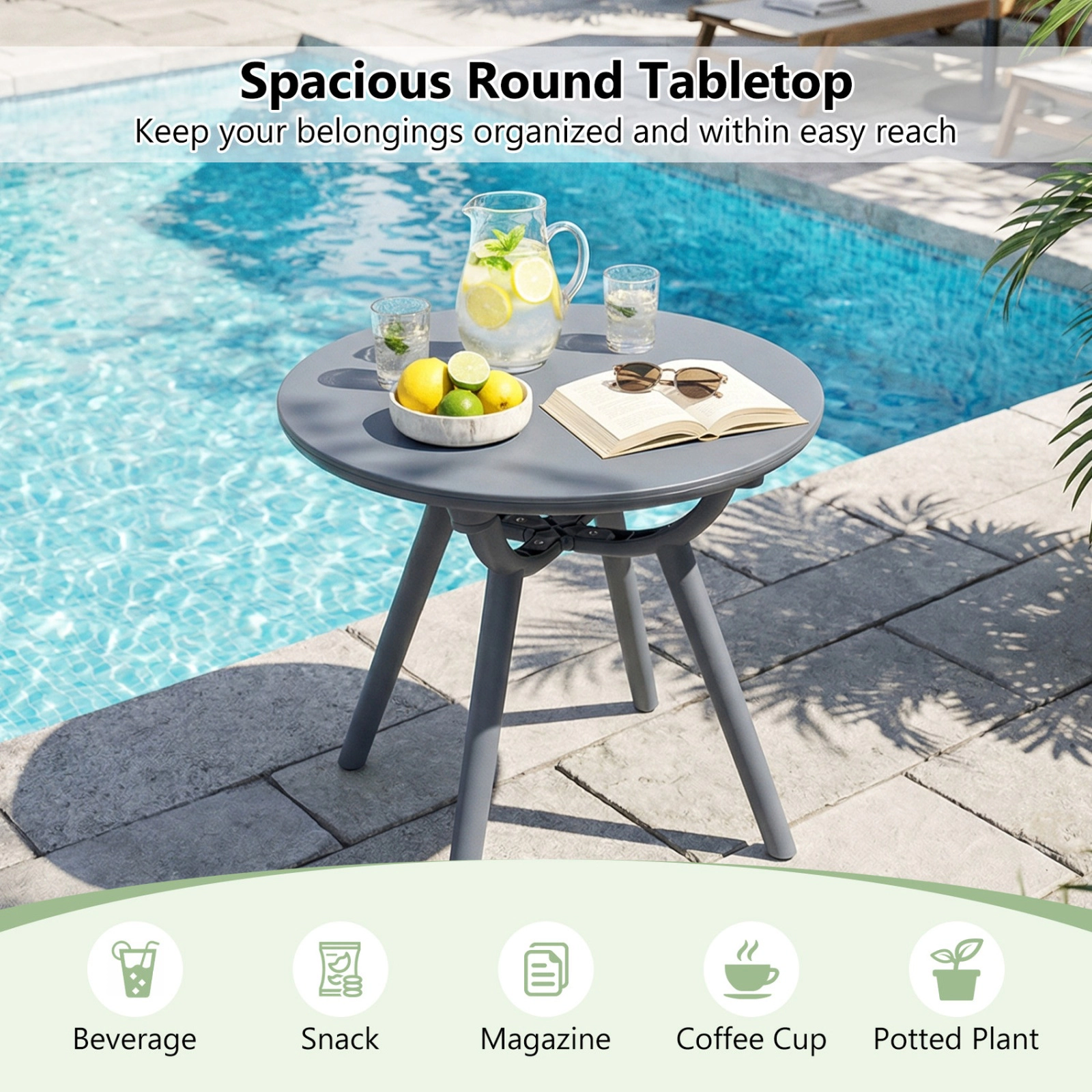 SUGIFT Gray 20-In Round Outdoor Side Table with Resin Top, 110-Lb Capacity