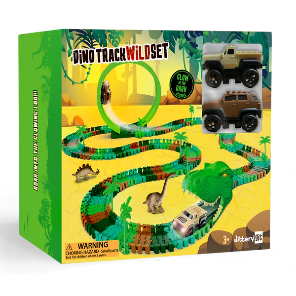 JitteryGit Kids Dino Track Wild Glow-in-the-Dark Race Set - 144-Piece Track with Loop & Dino Tunnel