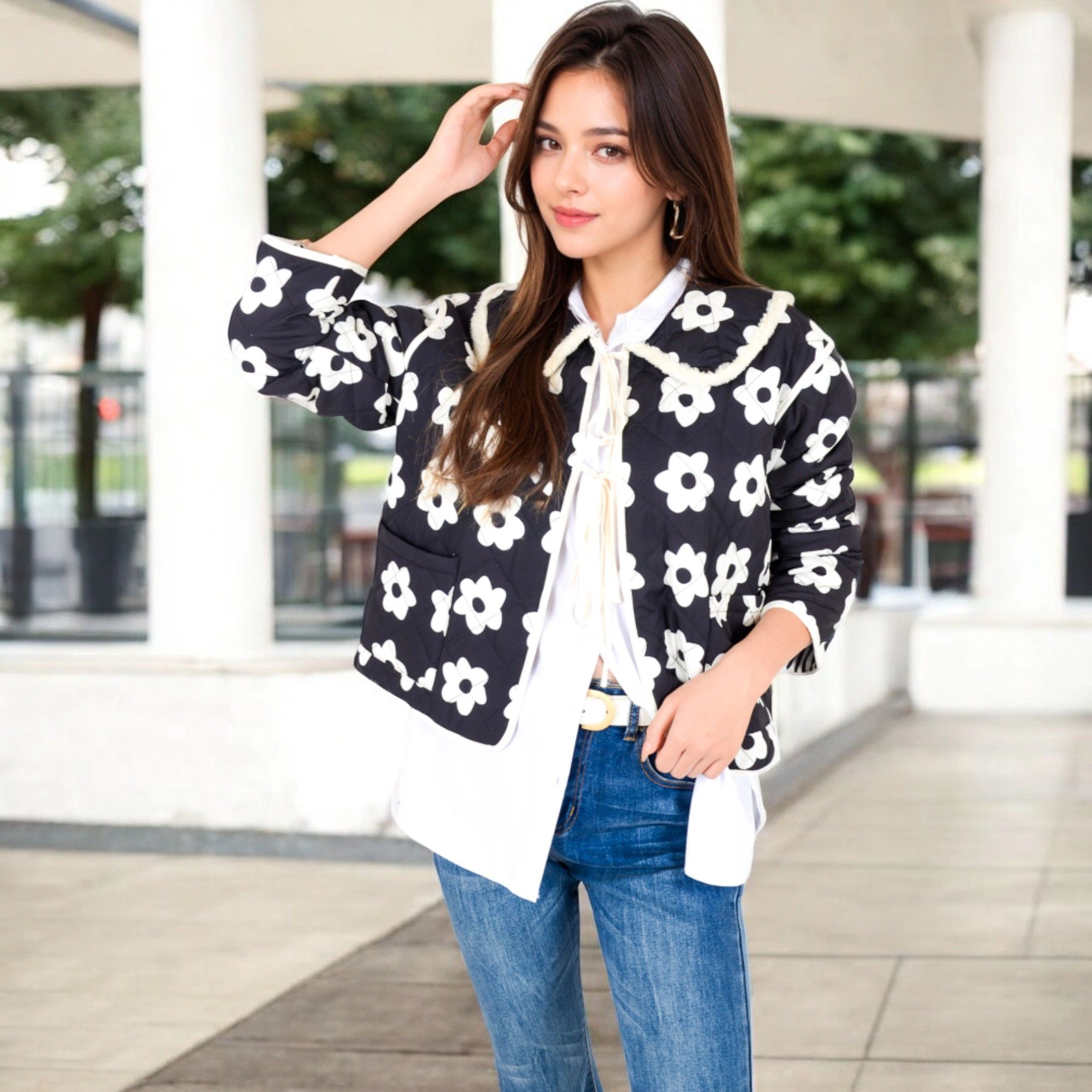 Anna-Kaci Women's Floral Quilted Jacket with Peter Pan Collar and Tie Closure