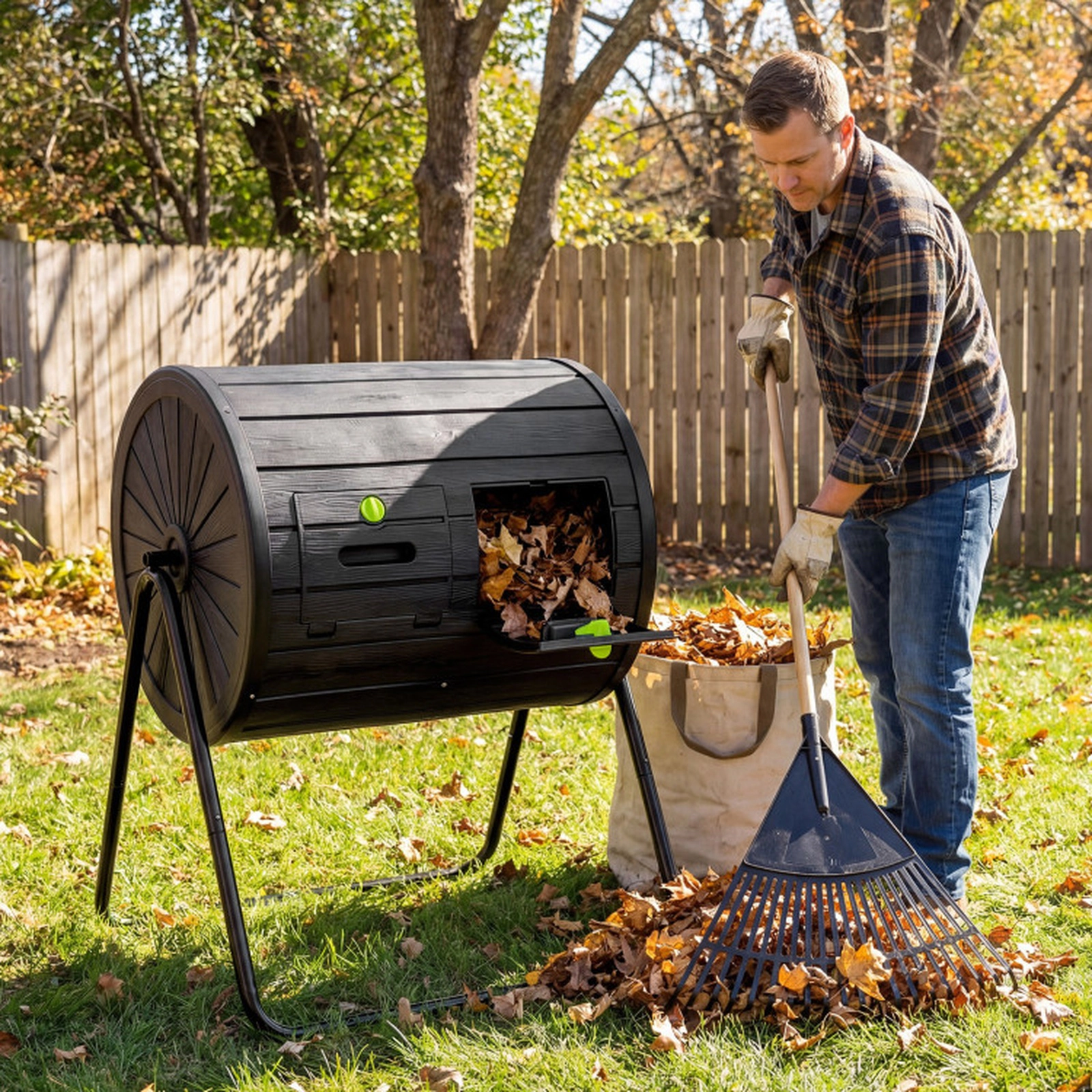SUGIFT 37.5-gal Black Dual Chamber Outdoor Composter Tumbler with 2 Lockable Doors and Wood Grain