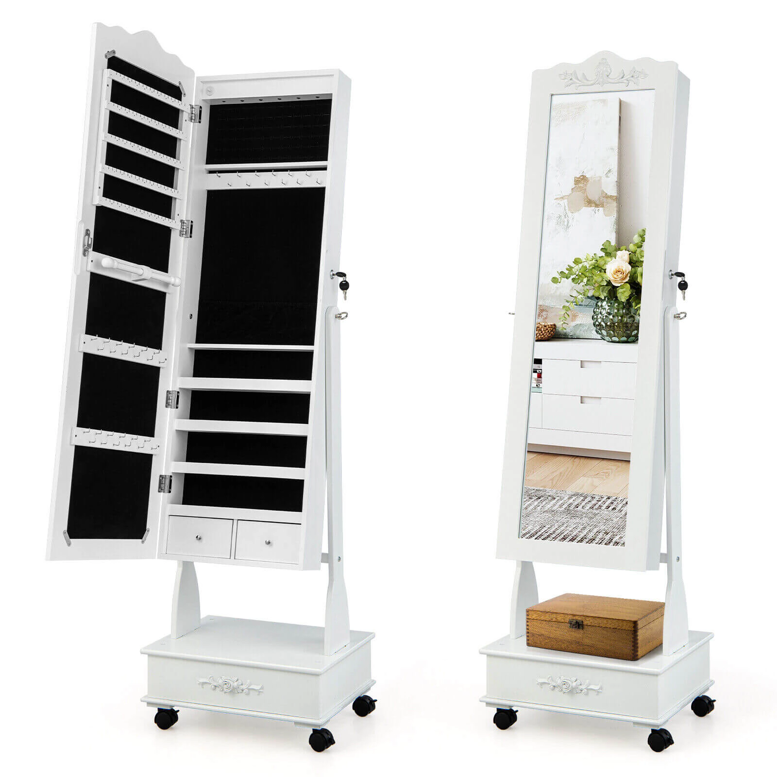 Slickblue Freestanding Rolling Jewelry Storage Cabinet with Full-Length Mirror, Lockable Armoire, Drawer and Shelf