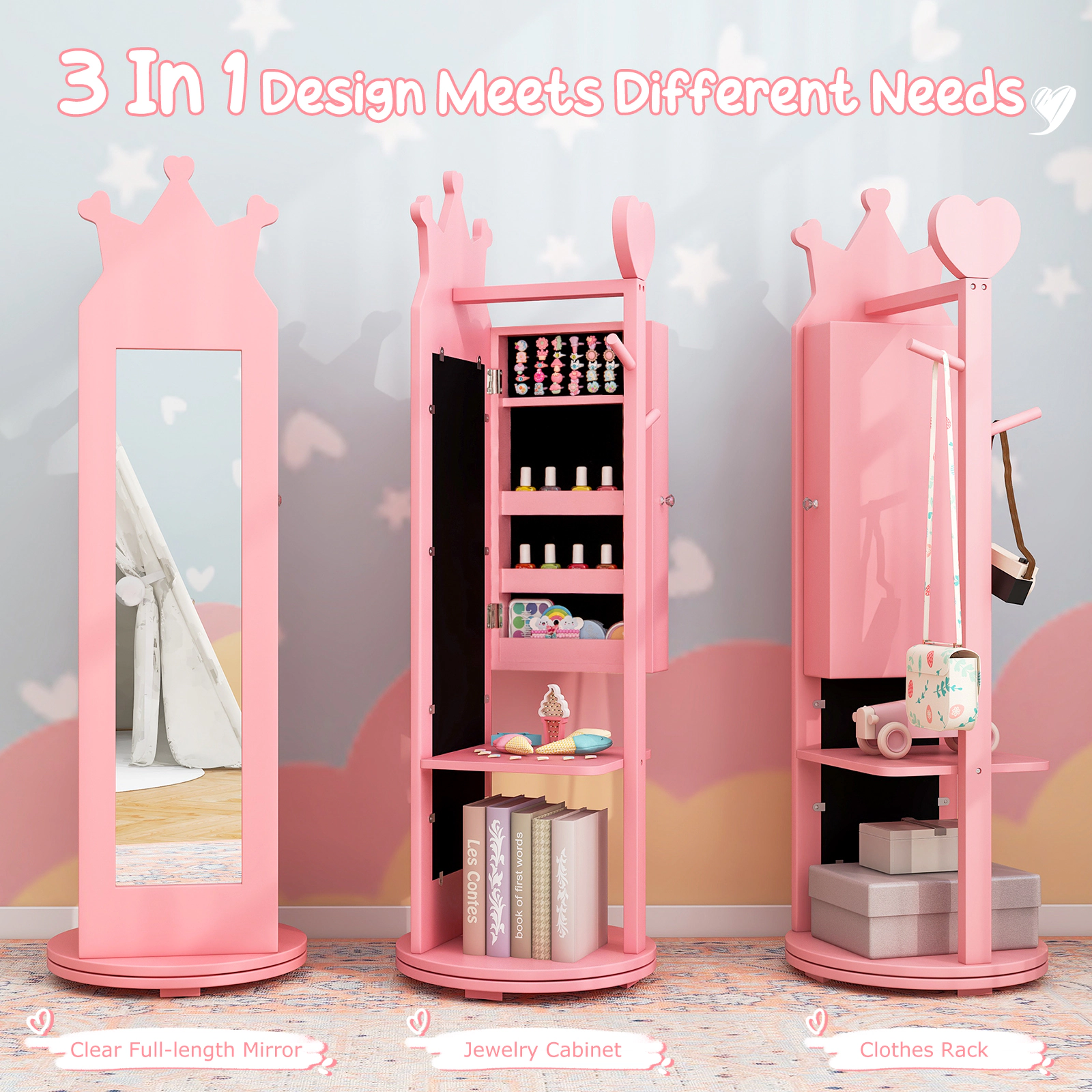 SUGIFT Princess Vanity Table and Stool with Jewelry Cabinet and Full-Length Mirror 110-Lb Capacity Ages 3+ Pink/White